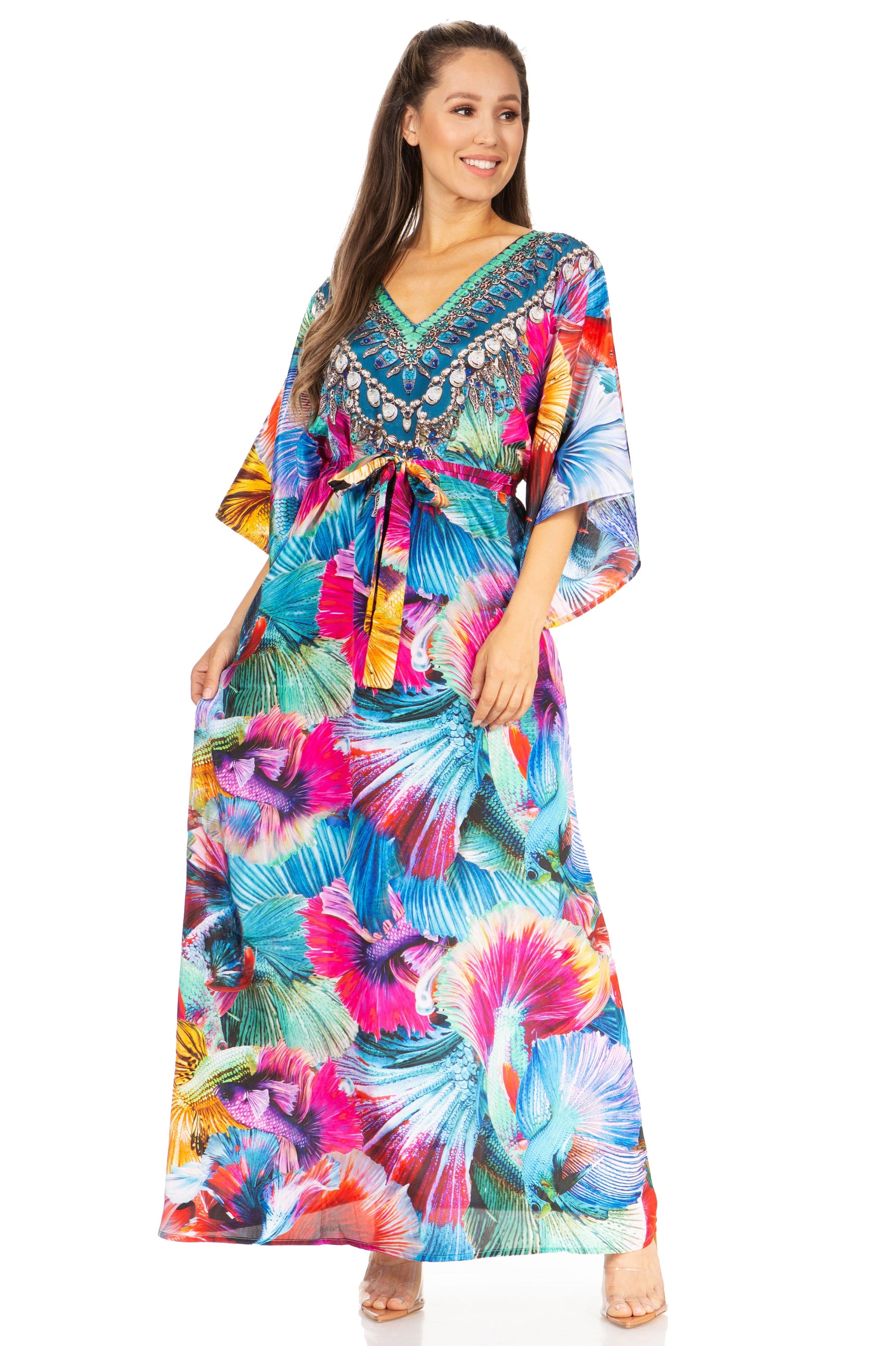 Sakkas Maribel Maxi Caftan Dress - Women's V-Neck, Short Sleeves - Concordia Style Boutique