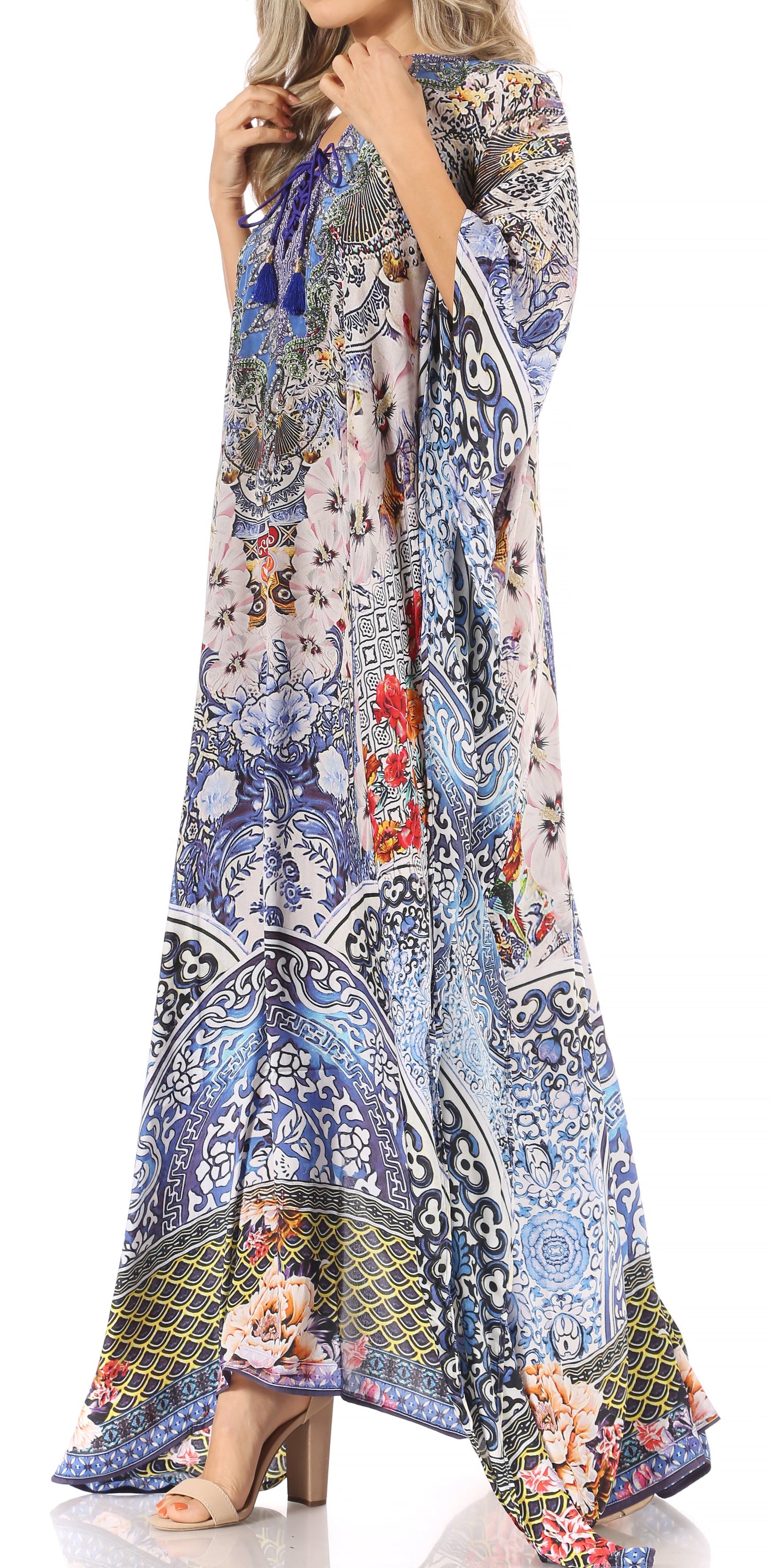 Sakkas Milanna Women's V neck Short Sleeve Vibrant Print Caftan Dress Cover-up - Concordia Style Boutique