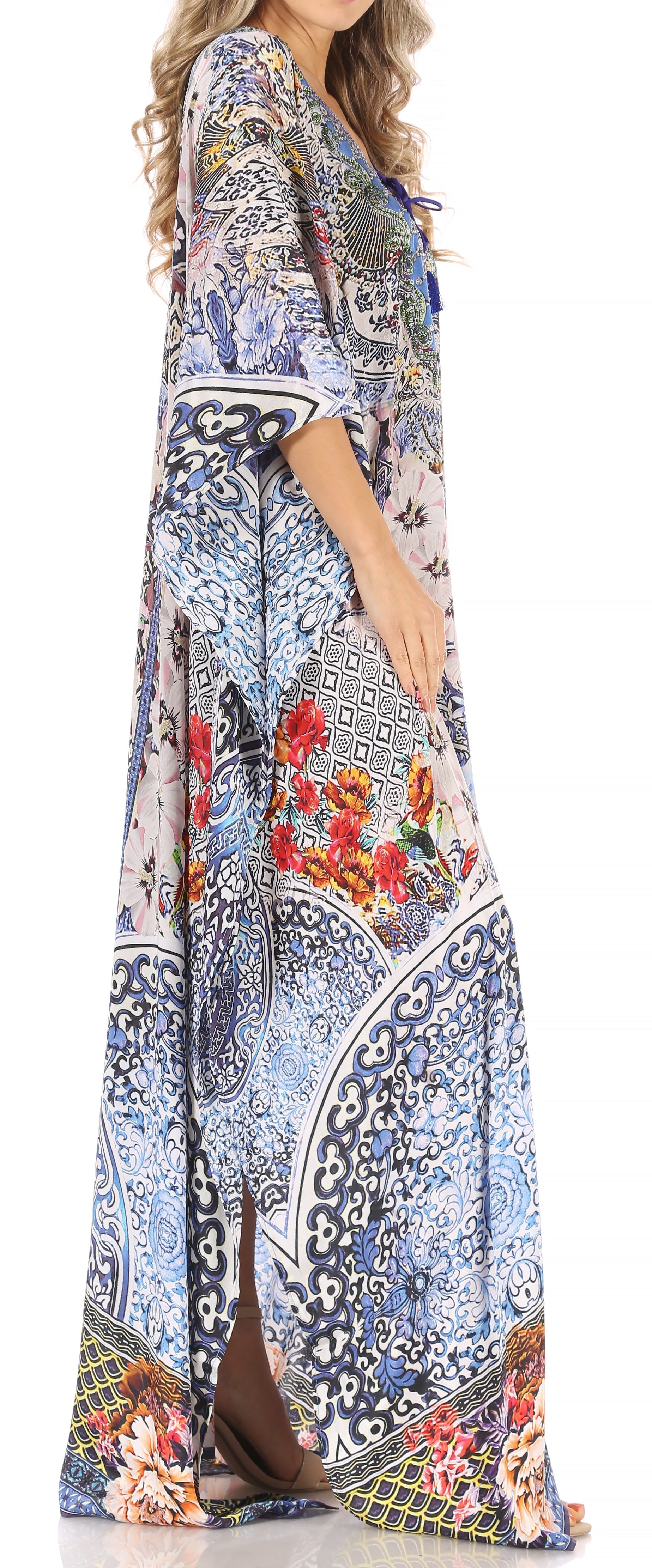 Sakkas Milanna Women's V neck Short Sleeve Vibrant Print Caftan Dress Cover-up - Concordia Style Boutique