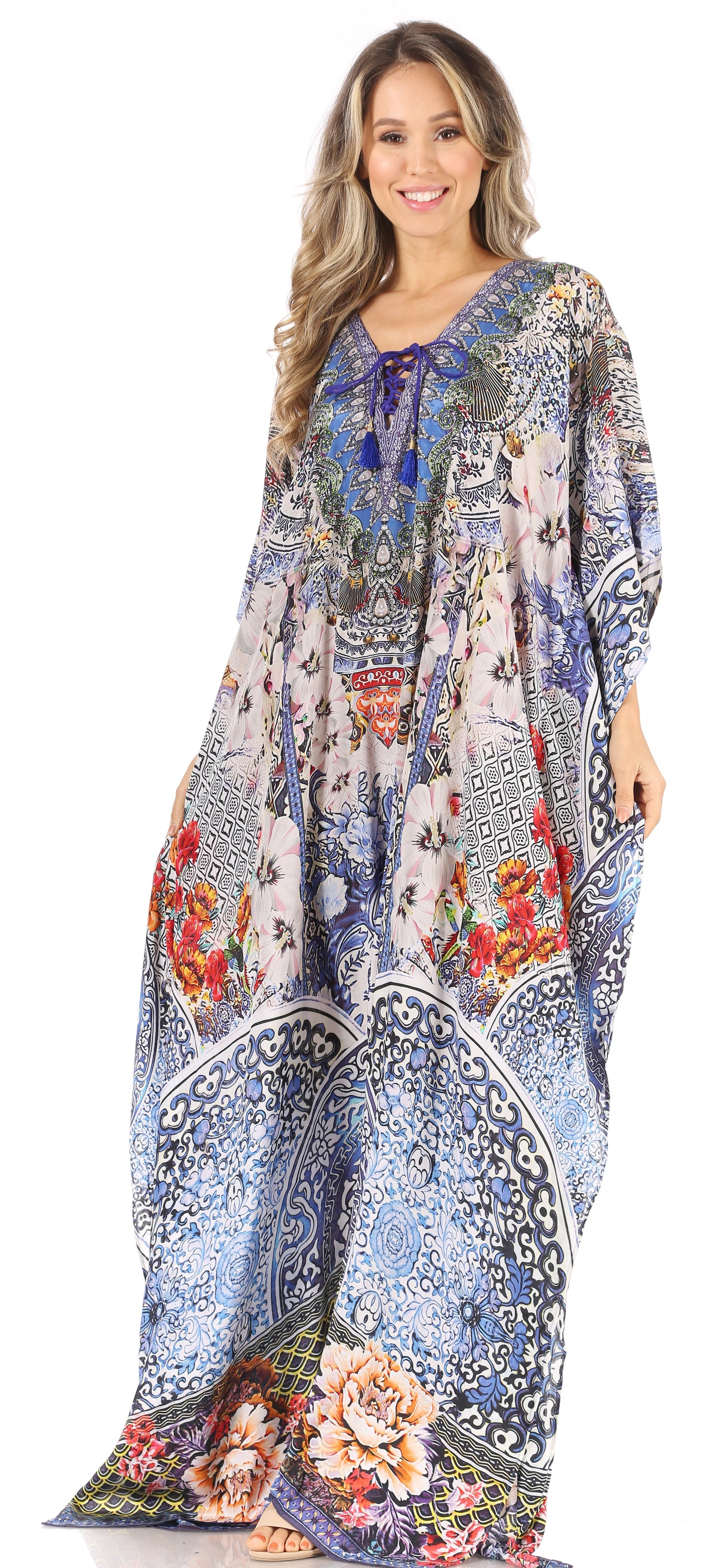 Sakkas Milanna Women's V neck Short Sleeve Vibrant Print Caftan Dress Cover-up - Concordia Style Boutique