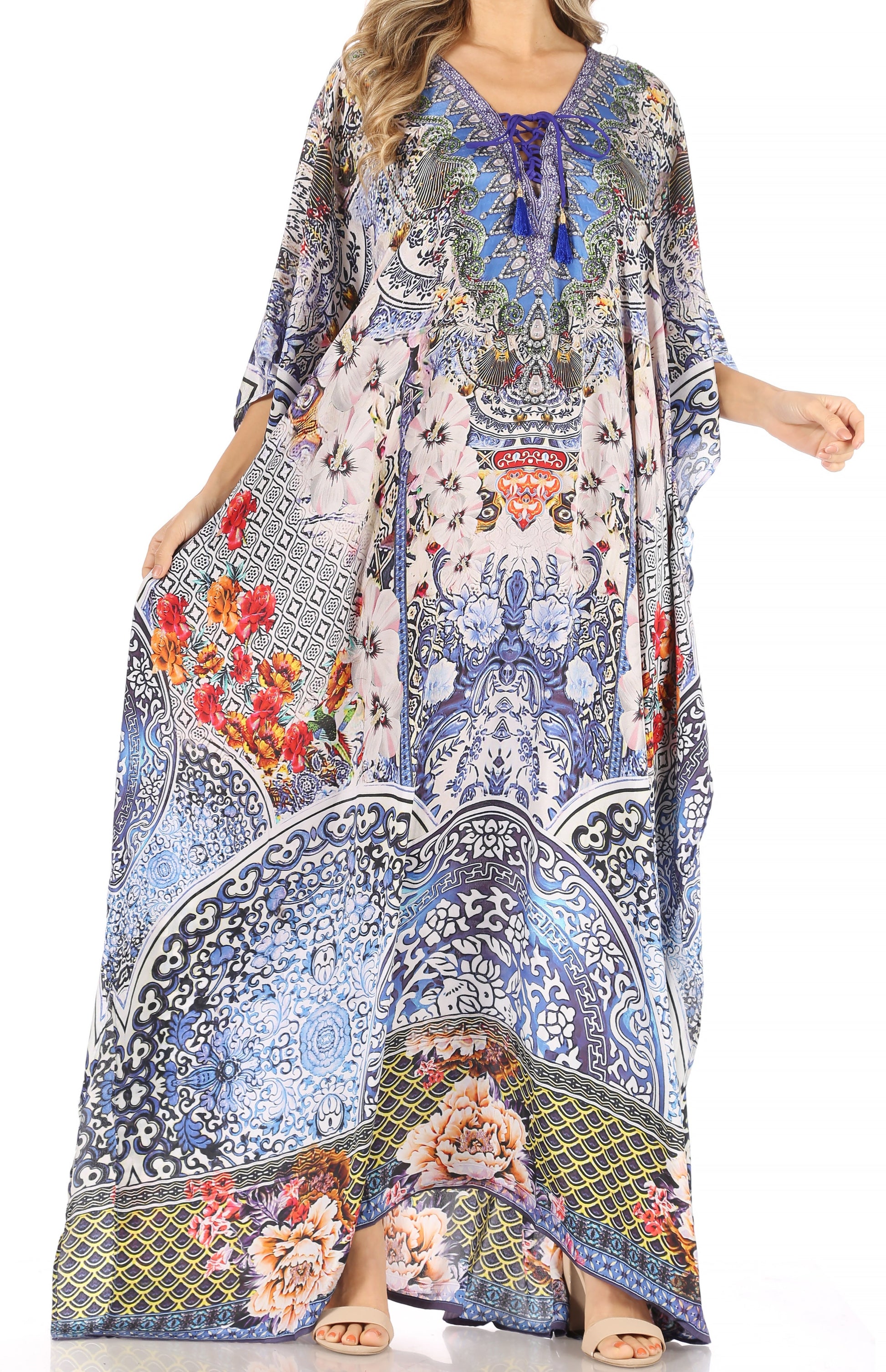 Sakkas Milanna Women's V neck Short Sleeve Vibrant Print Caftan Dress Cover-up - Concordia Style Boutique