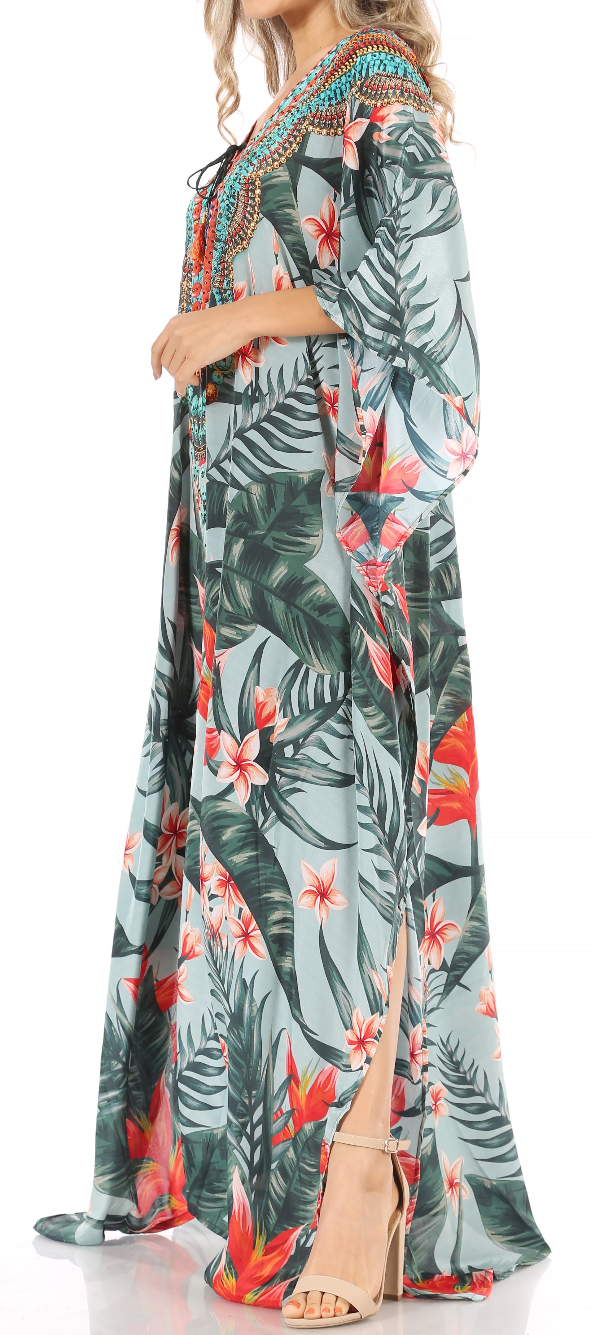 Sakkas Milanna Women's V neck Short Sleeve Vibrant Print Caftan Dress Cover-up - Concordia Style Boutique