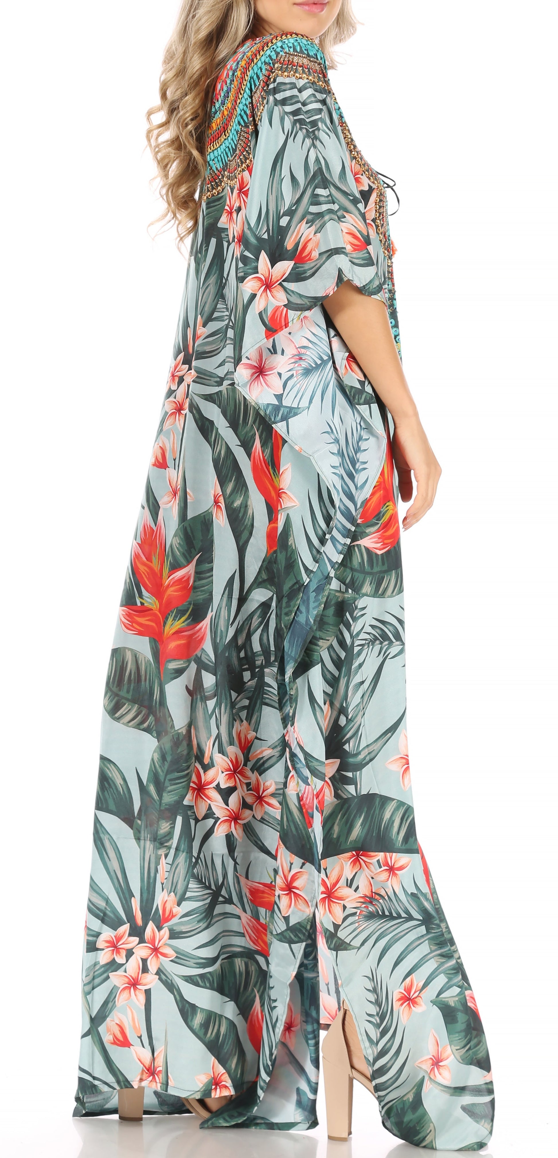 Sakkas Milanna Women's V neck Short Sleeve Vibrant Print Caftan Dress Cover-up - Concordia Style Boutique