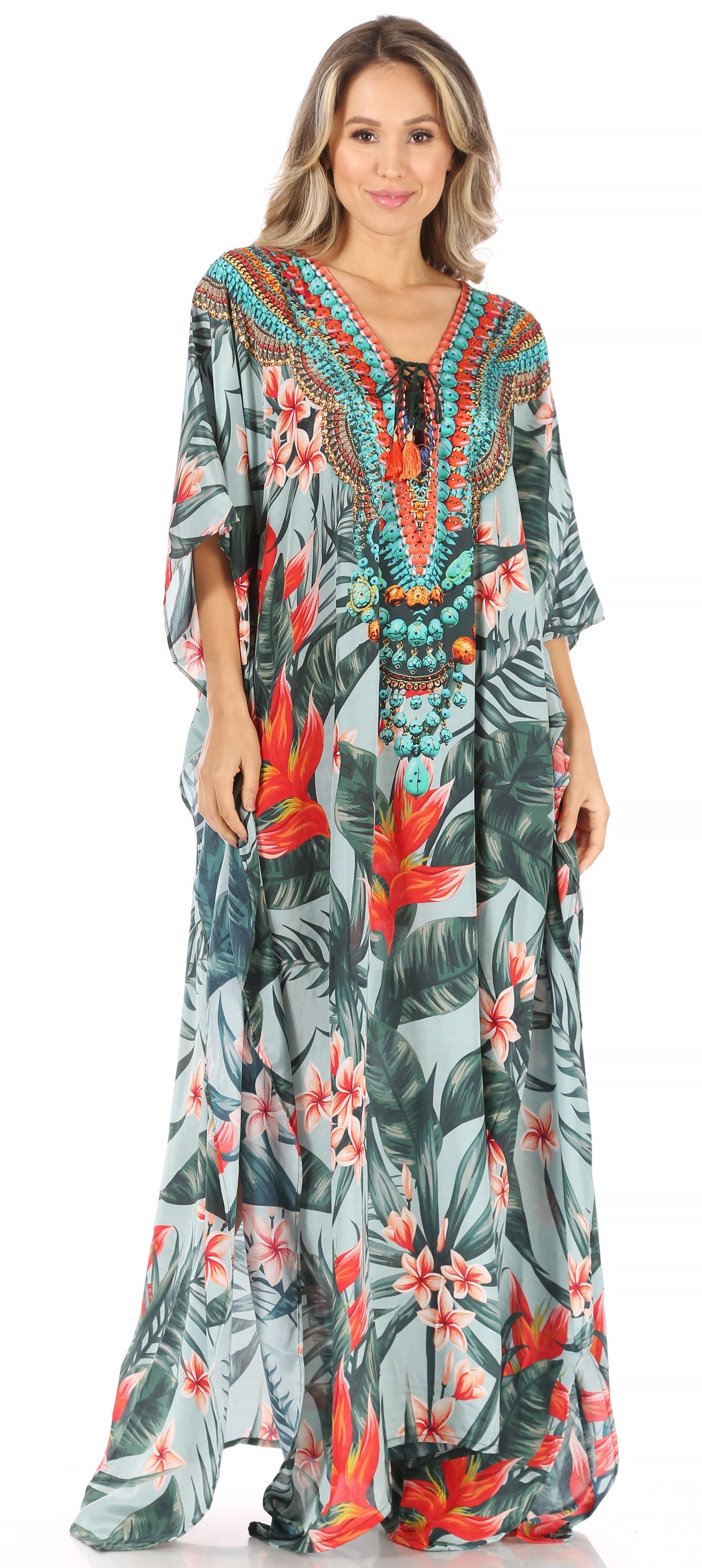Sakkas Milanna Women's V neck Short Sleeve Vibrant Print Caftan Dress Cover-up - Concordia Style Boutique