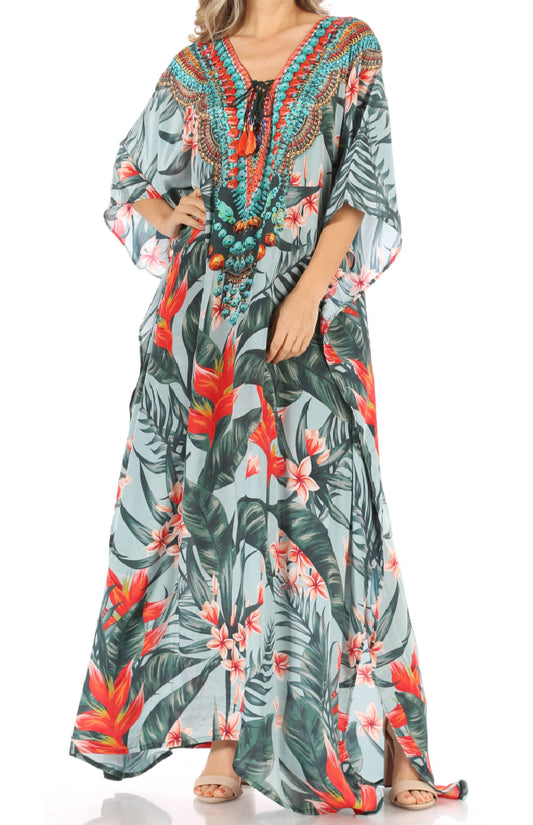 Sakkas Milanna Women's V neck Short Sleeve Vibrant Print Caftan Dress Cover-up - Concordia Style Boutique