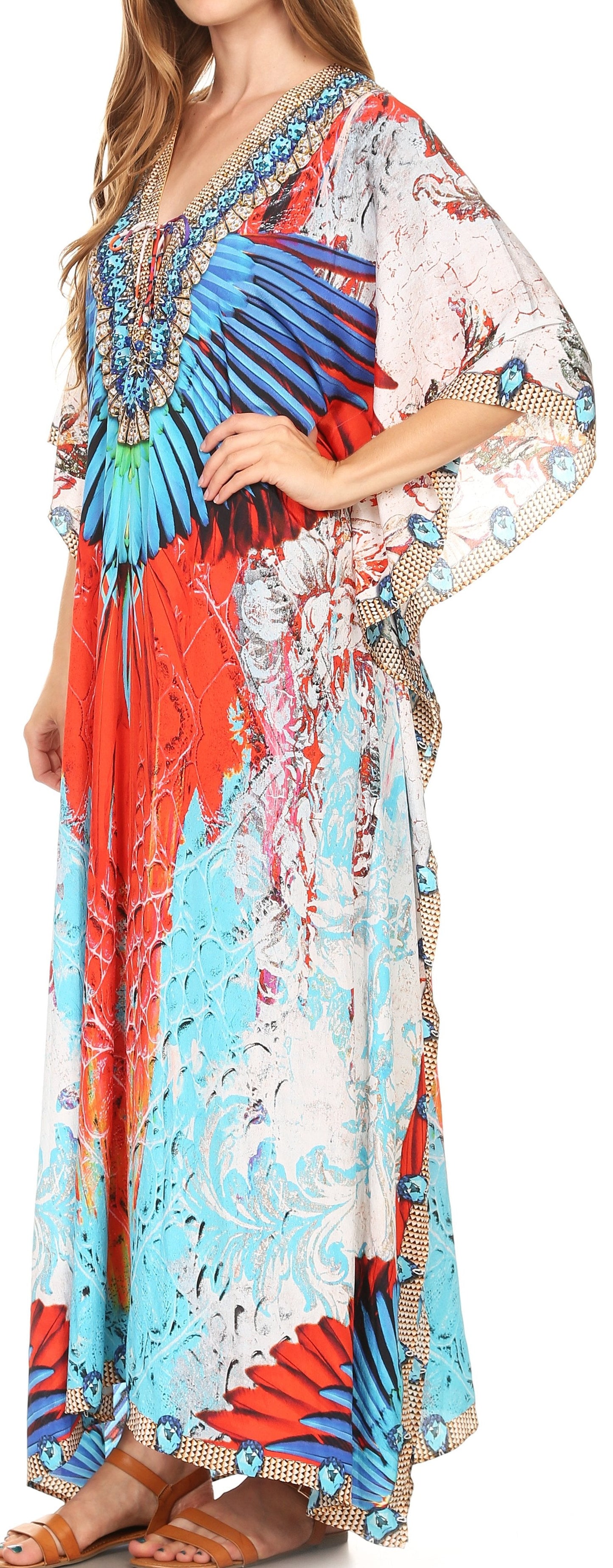 Sakkas Milanna Women's V neck Short Sleeve Vibrant Print Caftan Dress Cover-up - Concordia Style Boutique