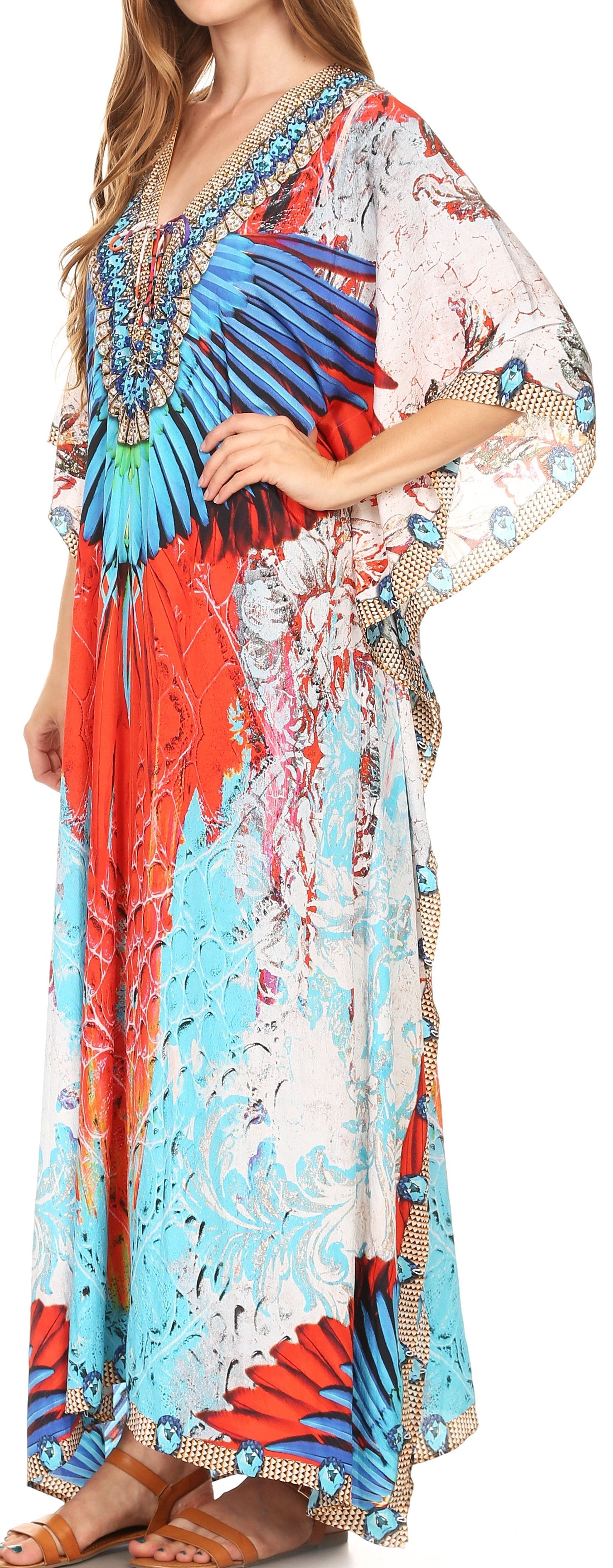 Sakkas Milanna Women's V neck Short Sleeve Vibrant Print Caftan Dress Cover-up - Concordia Style Boutique