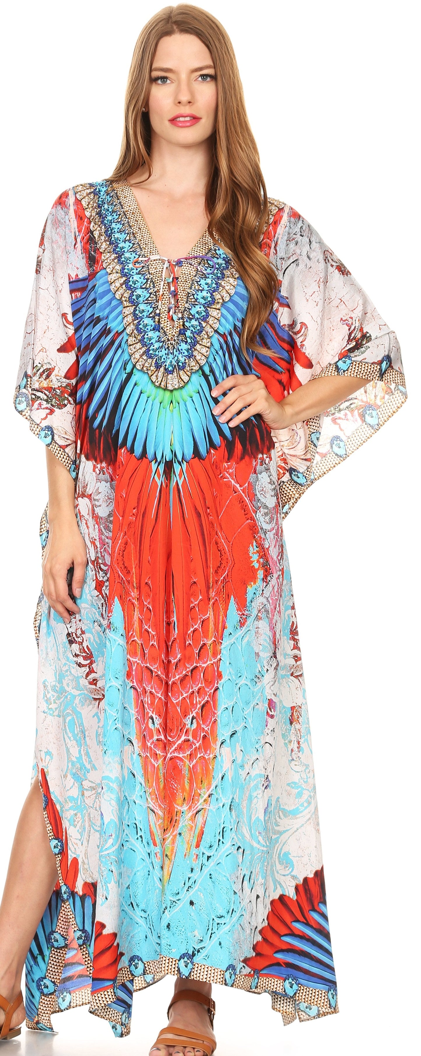 Sakkas Milanna Women's V neck Short Sleeve Vibrant Print Caftan Dress Cover-up - Concordia Style Boutique
