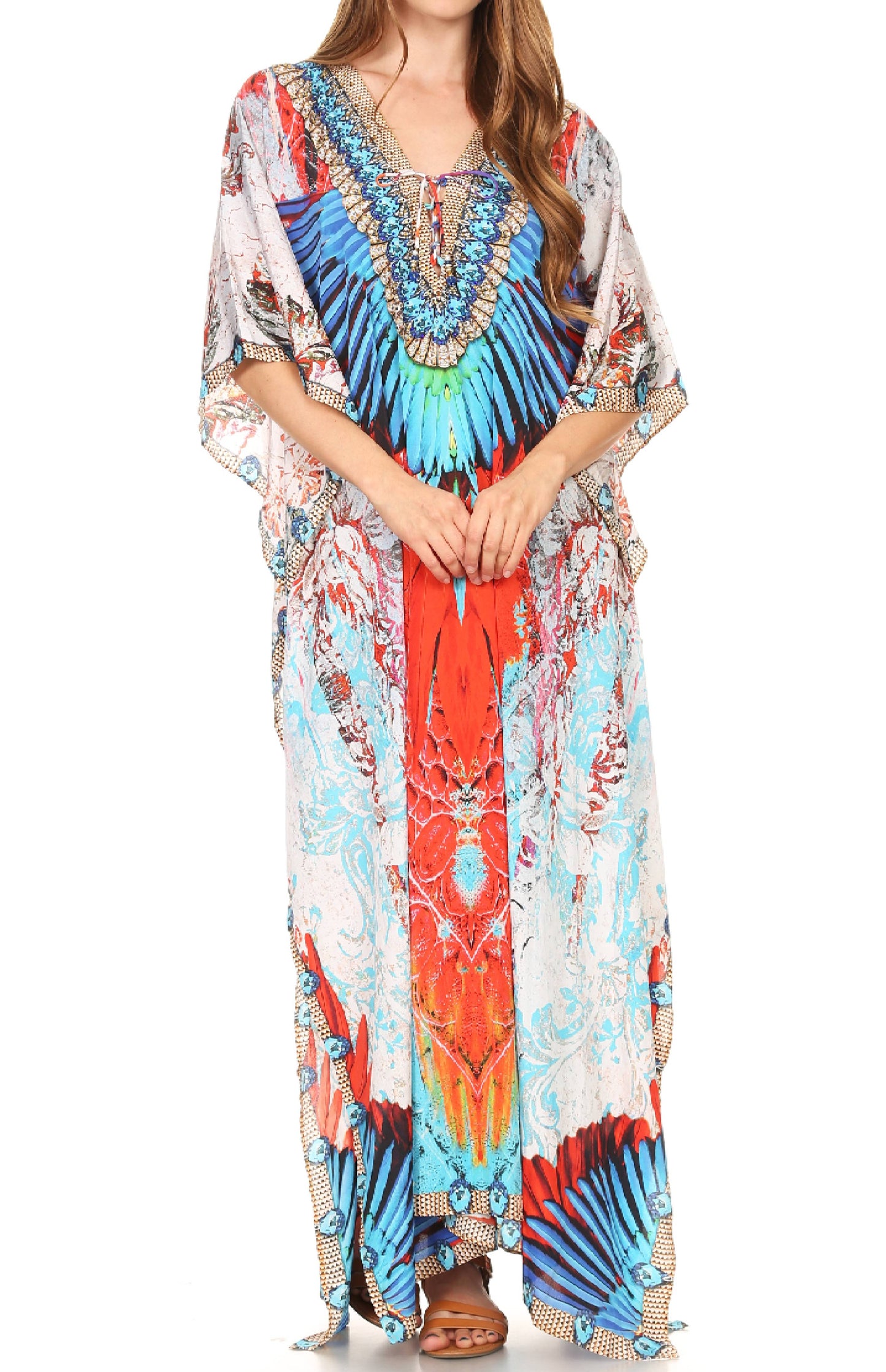 Sakkas Milanna Women's V neck Short Sleeve Vibrant Print Caftan Dress Cover-up - Concordia Style Boutique