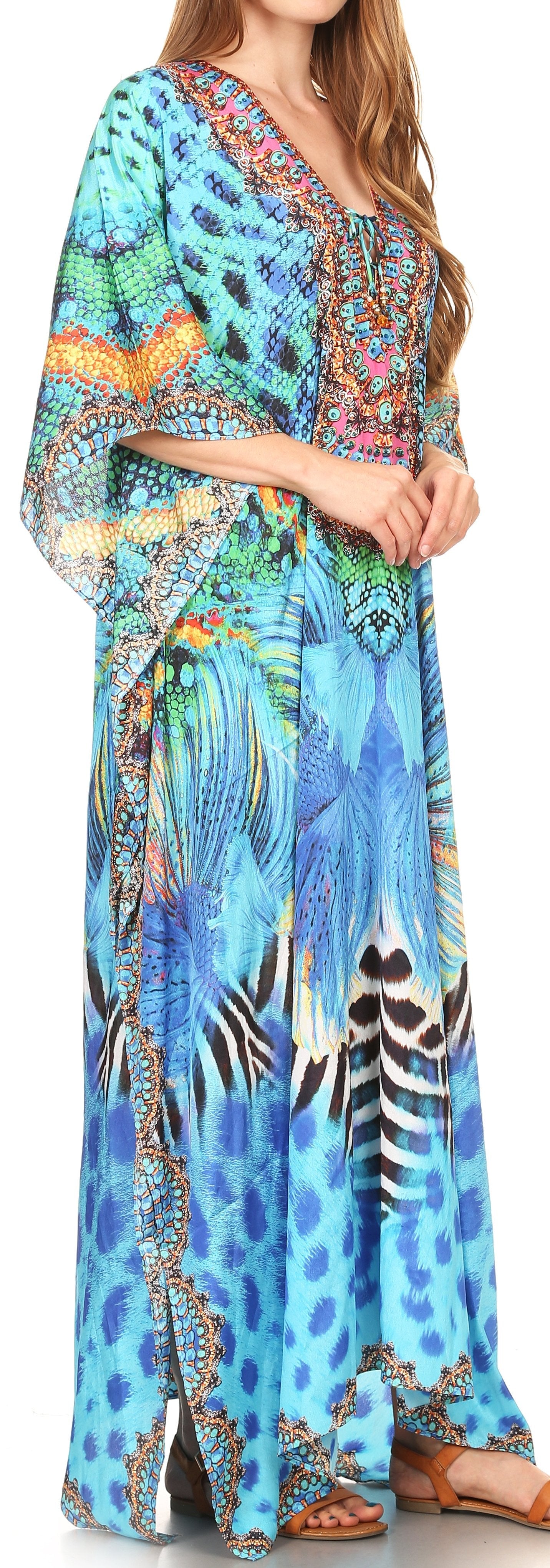 Sakkas Milanna Women's V neck Short Sleeve Vibrant Print Caftan Dress Cover-up - Concordia Style Boutique