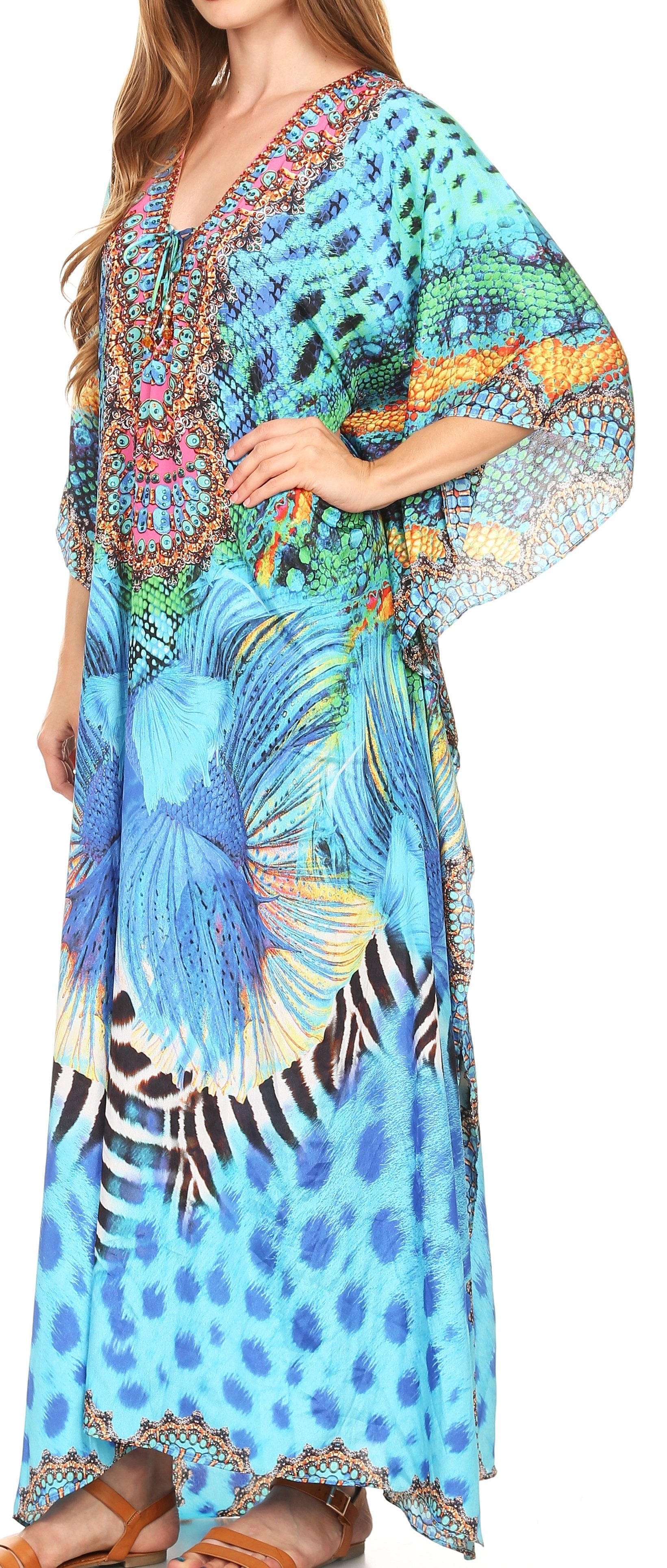 Sakkas Milanna Women's V neck Short Sleeve Vibrant Print Caftan Dress Cover-up - Concordia Style Boutique