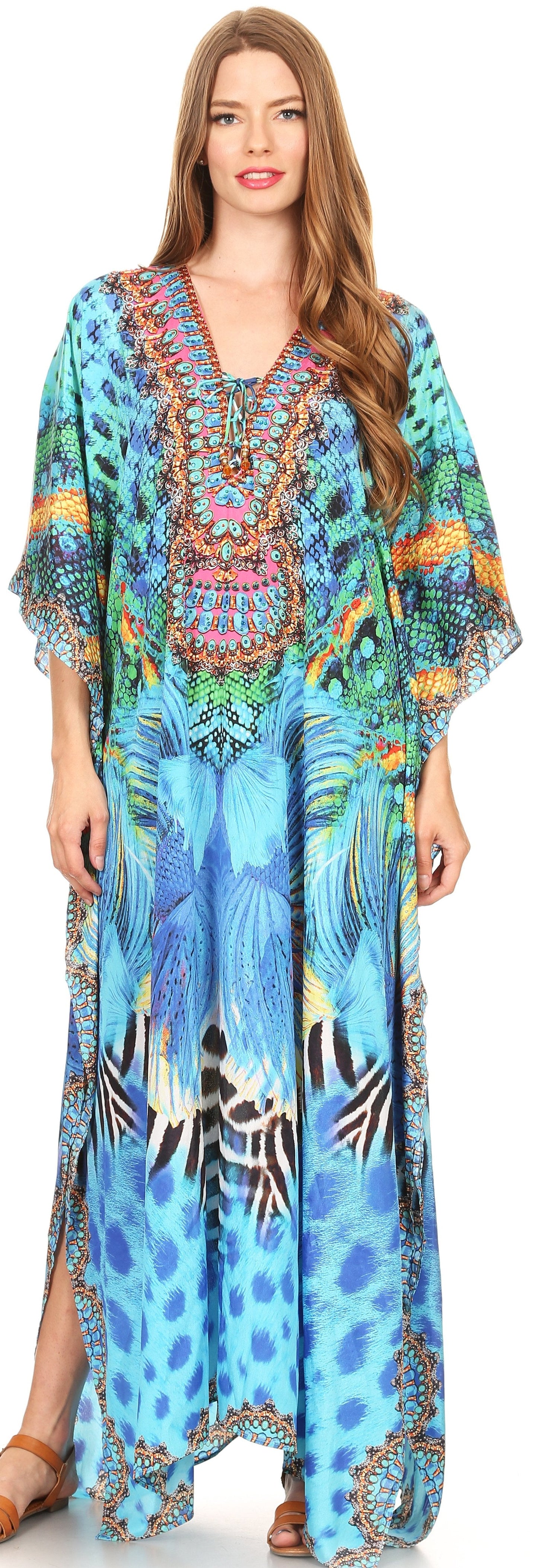 Sakkas Milanna Women's V neck Short Sleeve Vibrant Print Caftan Dress Cover-up - Concordia Style Boutique