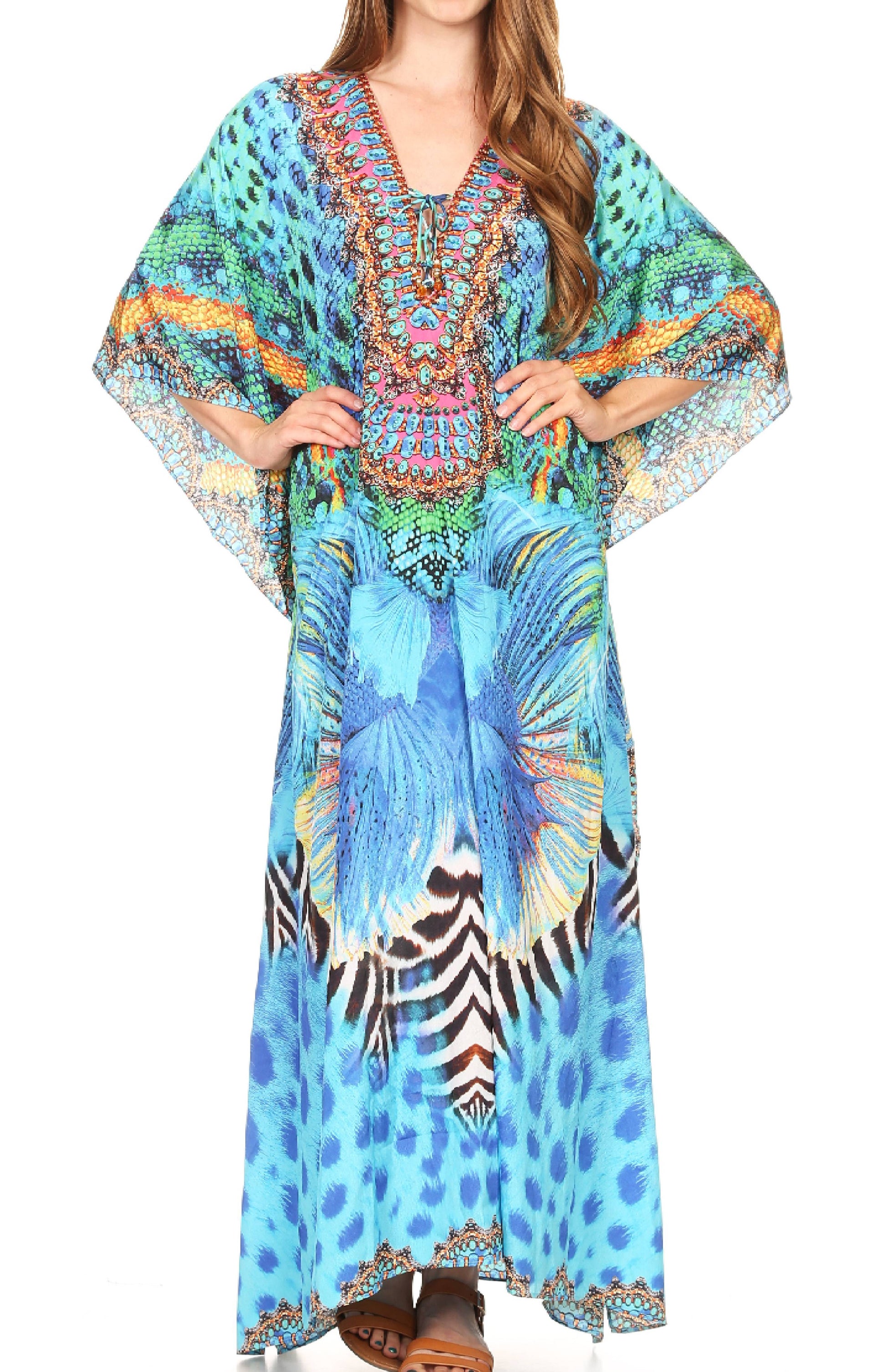Sakkas Milanna Women's V neck Short Sleeve Vibrant Print Caftan Dress Cover-up - Concordia Style Boutique
