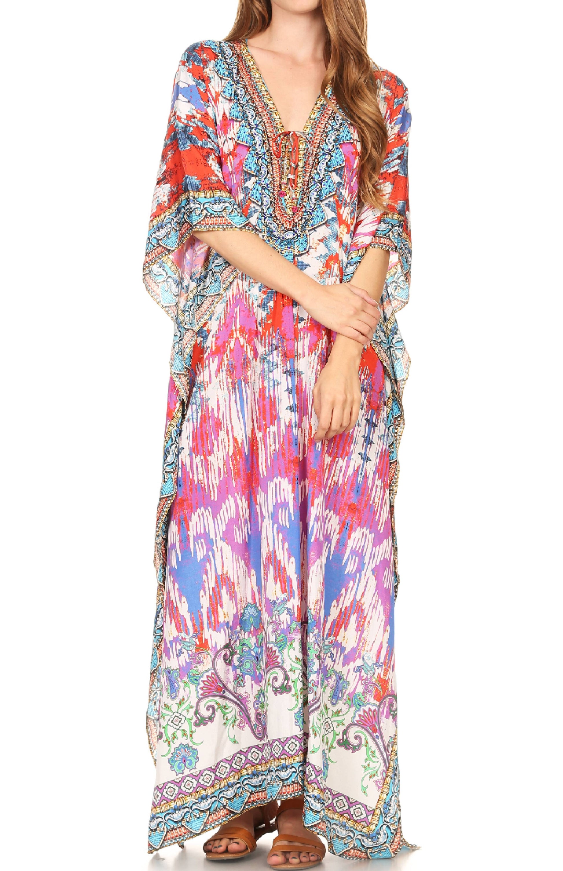 Sakkas Milanna Women's V neck Short Sleeve Vibrant Print Caftan Dress Cover-up - Concordia Style Boutique