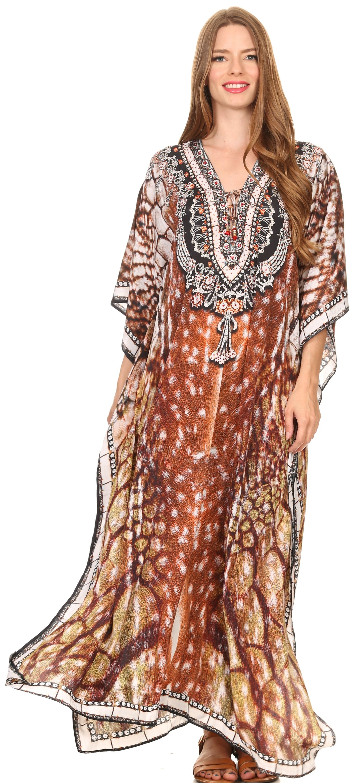 Sakkas Milanna Women's V neck Short Sleeve Vibrant Print Caftan Dress Cover-up - Concordia Style Boutique