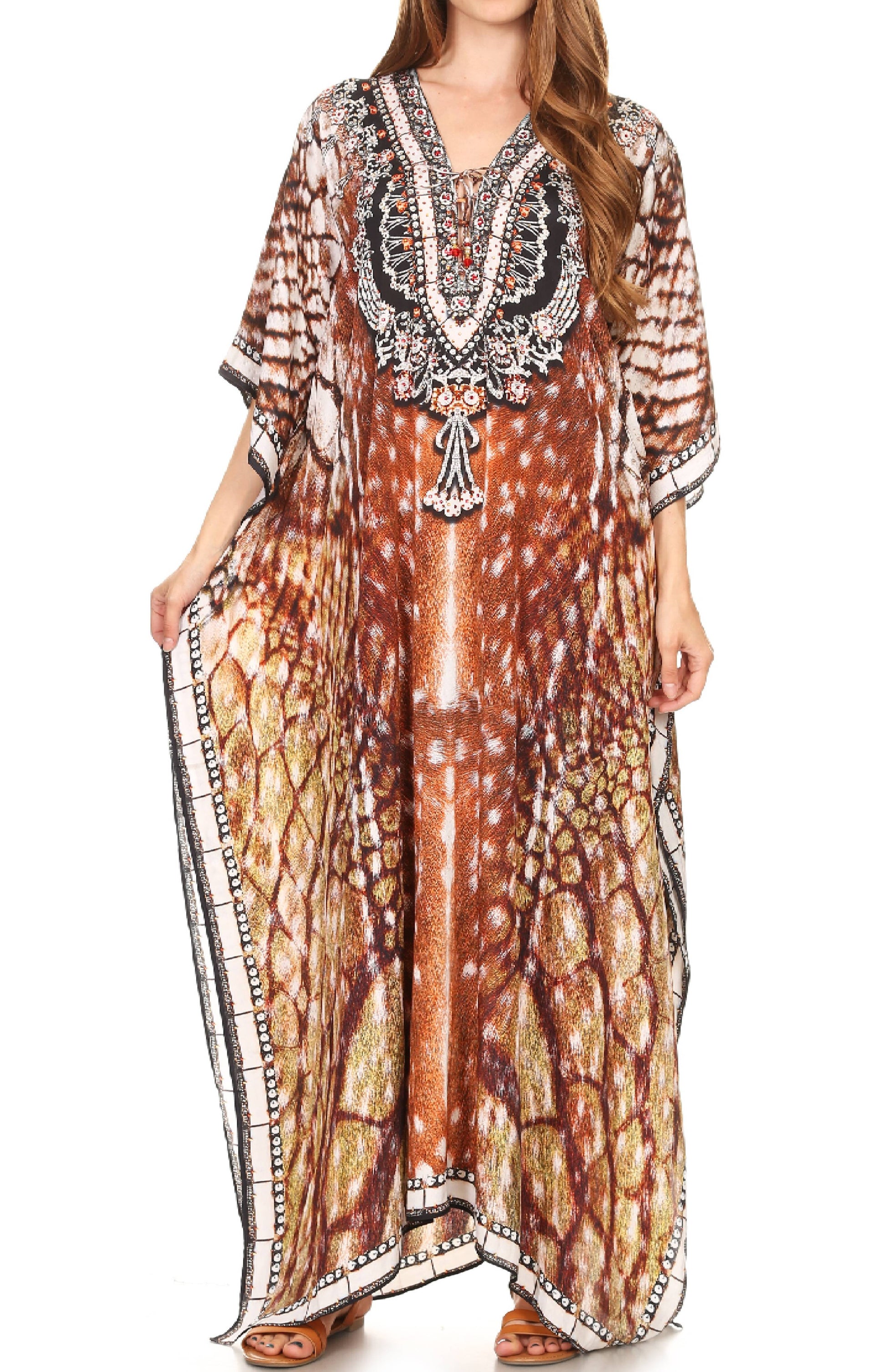 Sakkas Milanna Women's V neck Short Sleeve Vibrant Print Caftan Dress Cover-up - Concordia Style Boutique
