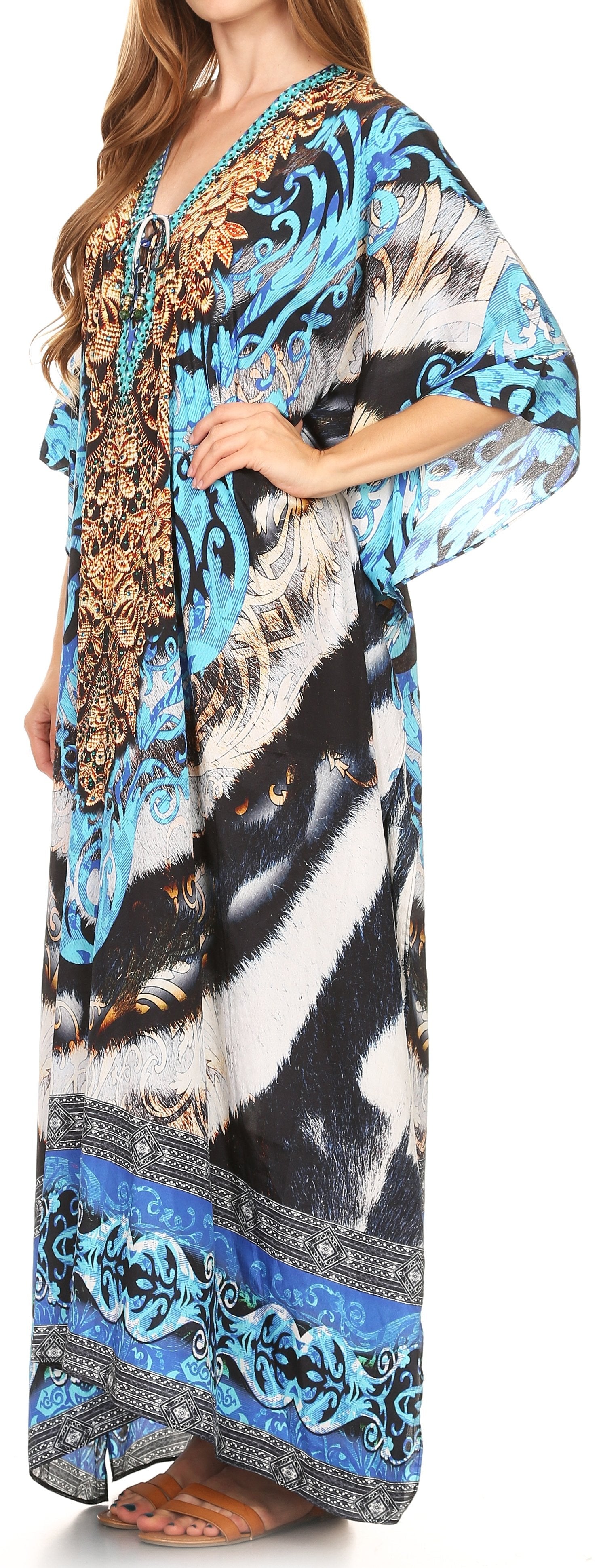 Sakkas Milanna Women's V neck Short Sleeve Vibrant Print Caftan Dress Cover-up - Concordia Style Boutique