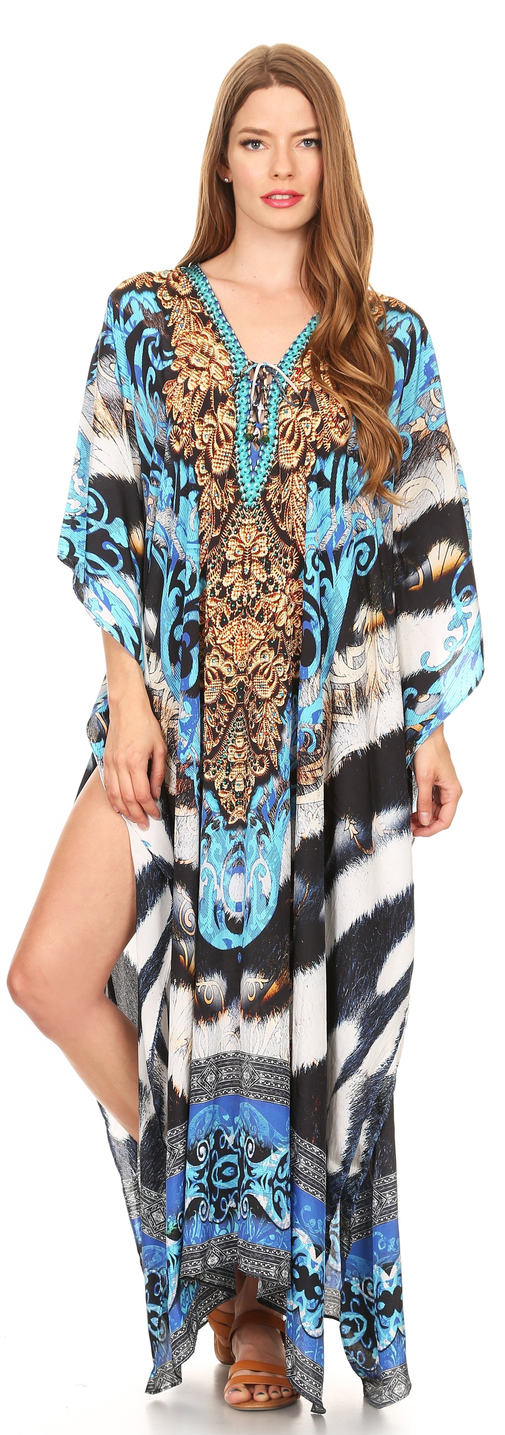 Sakkas Milanna Women's V neck Short Sleeve Vibrant Print Caftan Dress Cover-up - Concordia Style Boutique