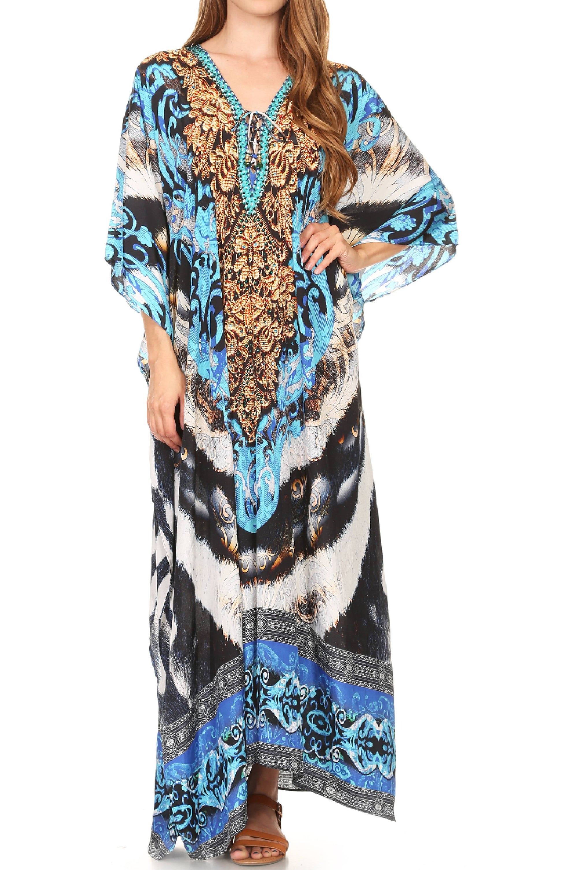 Sakkas Milanna Women's V neck Short Sleeve Vibrant Print Caftan Dress Cover-up - Concordia Style Boutique
