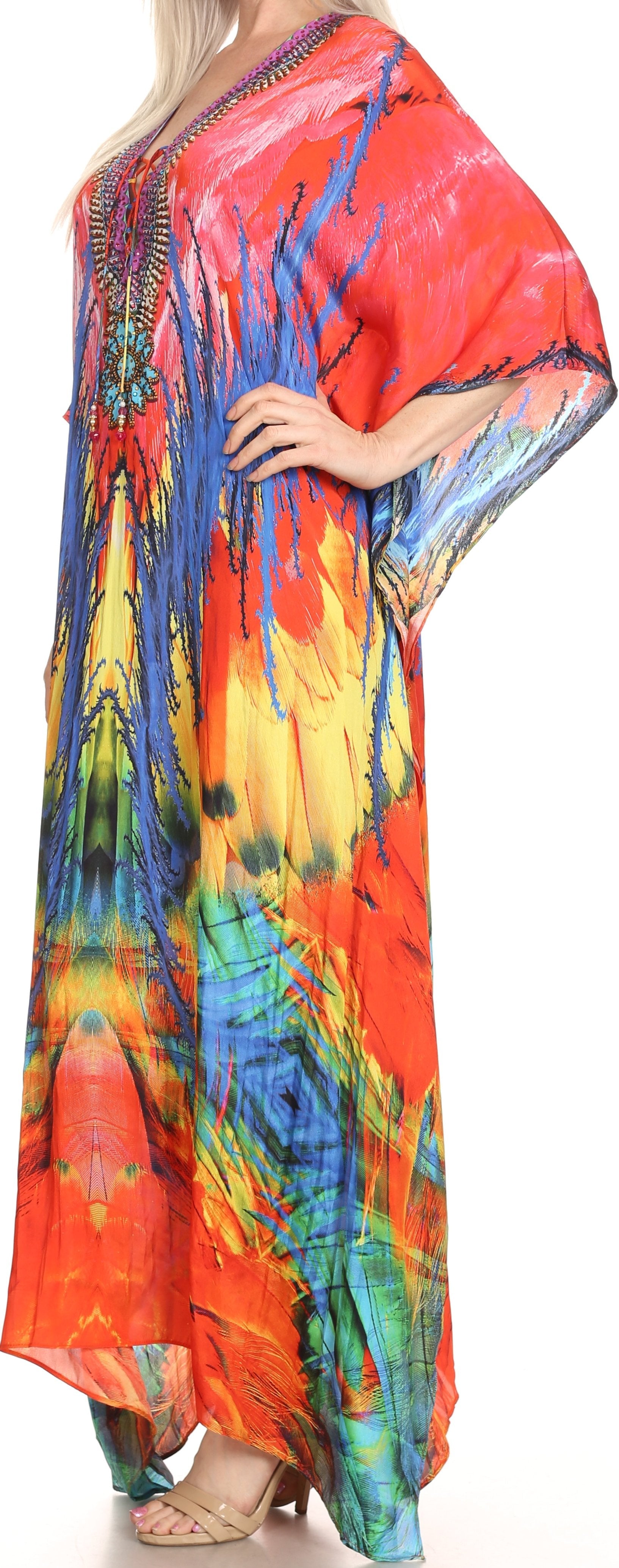 Sakkas Milanna Women's V neck Short Sleeve Vibrant Print Caftan Dress Cover-up - Concordia Style Boutique
