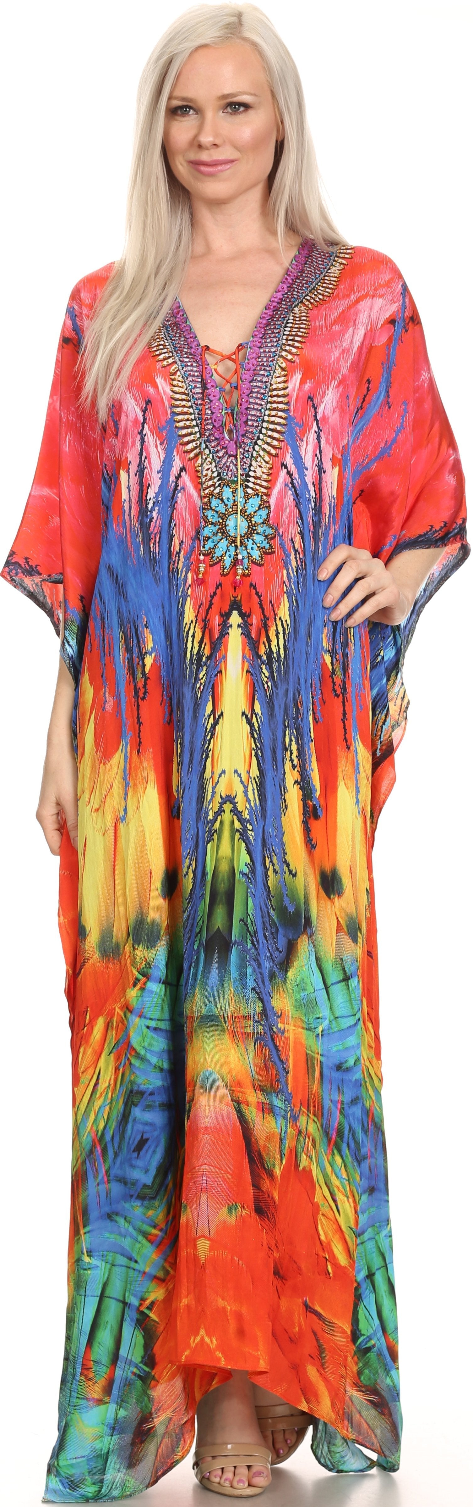 Sakkas Milanna Women's V neck Short Sleeve Vibrant Print Caftan Dress Cover-up - Concordia Style Boutique