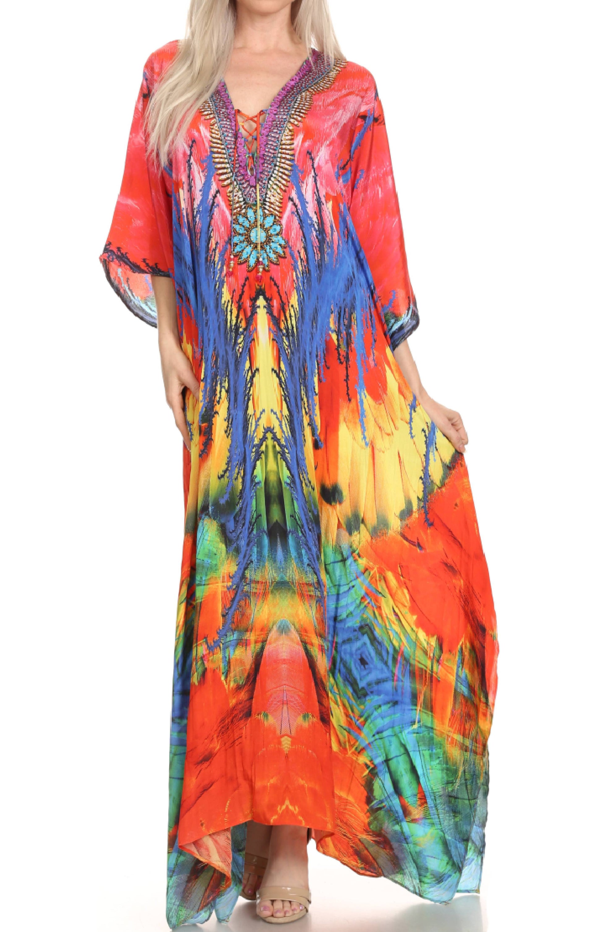 Sakkas Milanna Women's V neck Short Sleeve Vibrant Print Caftan Dress Cover-up - Concordia Style Boutique