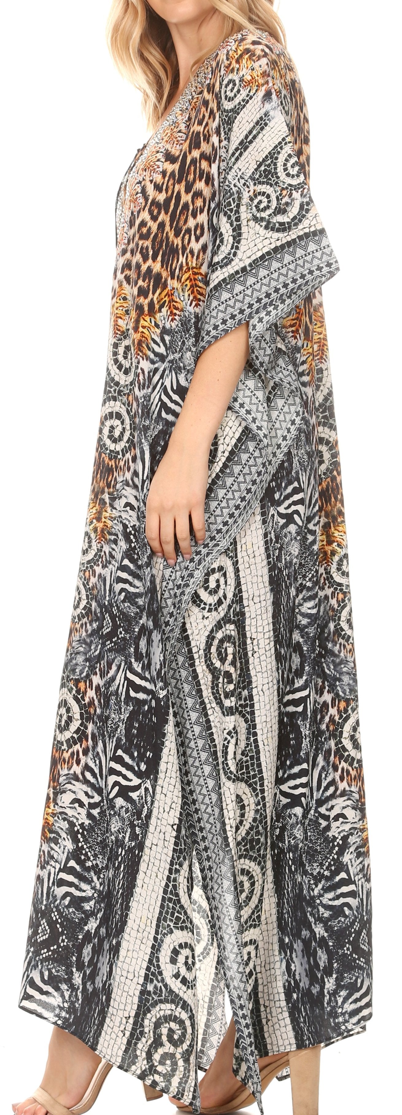 Sakkas Milanna Women's V neck Short Sleeve Vibrant Print Caftan Dress Cover-up - Concordia Style Boutique