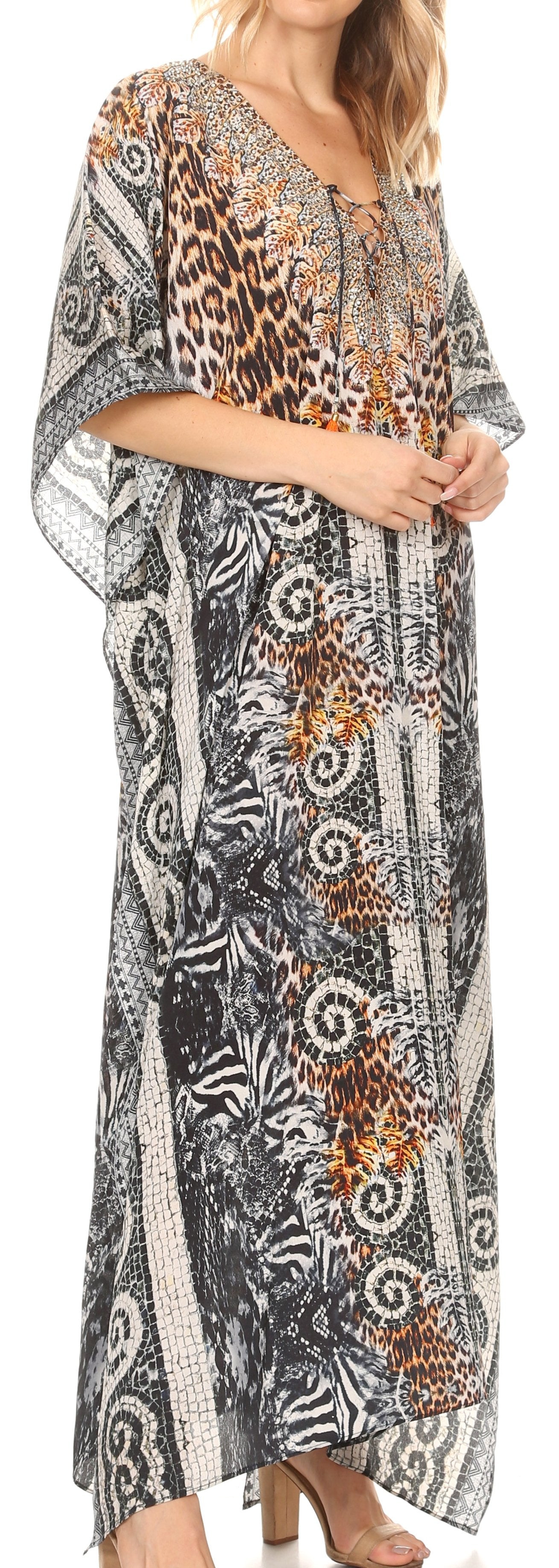 Sakkas Milanna Women's V neck Short Sleeve Vibrant Print Caftan Dress Cover-up - Concordia Style Boutique