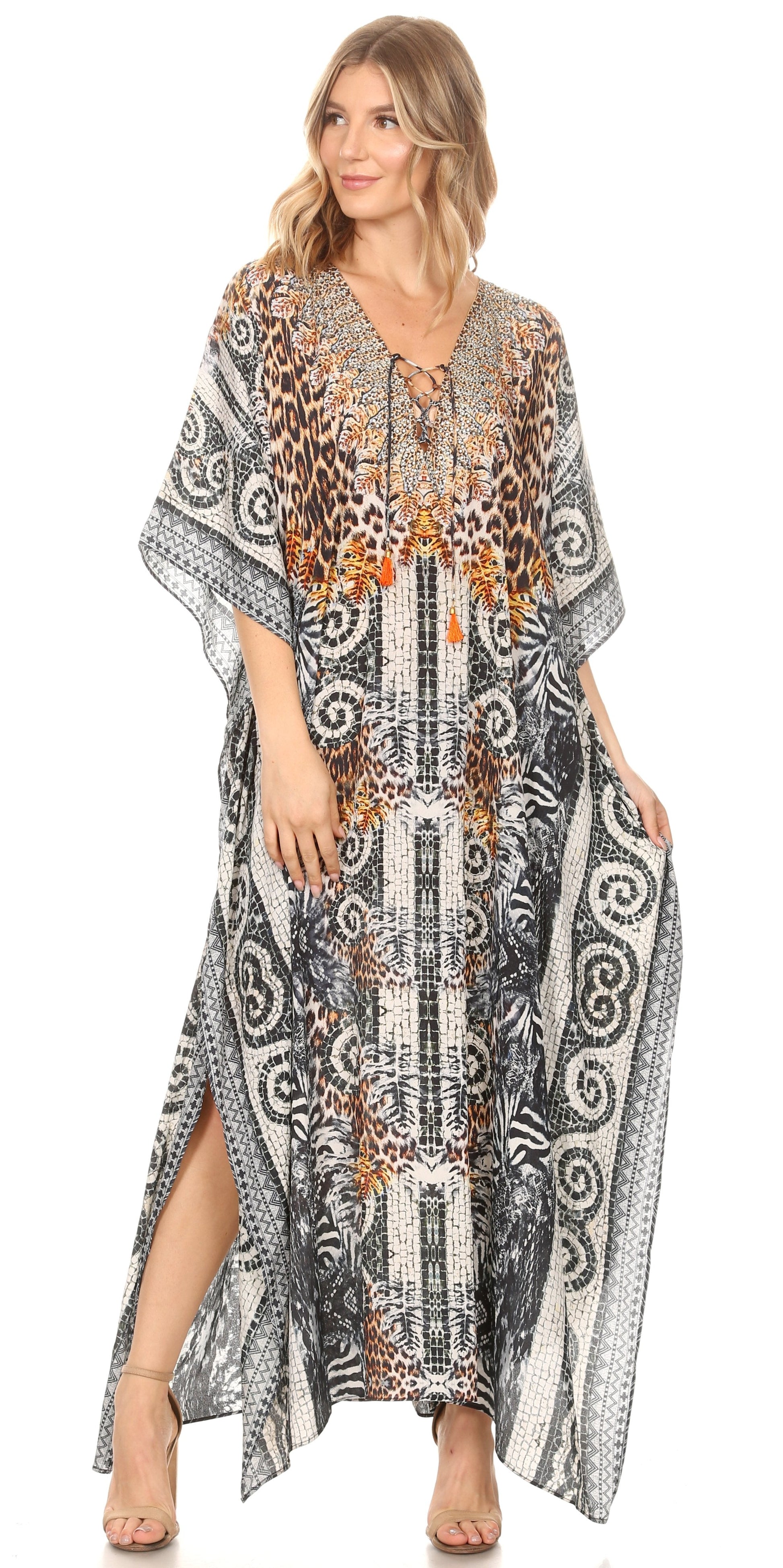Sakkas Milanna Women's V neck Short Sleeve Vibrant Print Caftan Dress Cover-up - Concordia Style Boutique