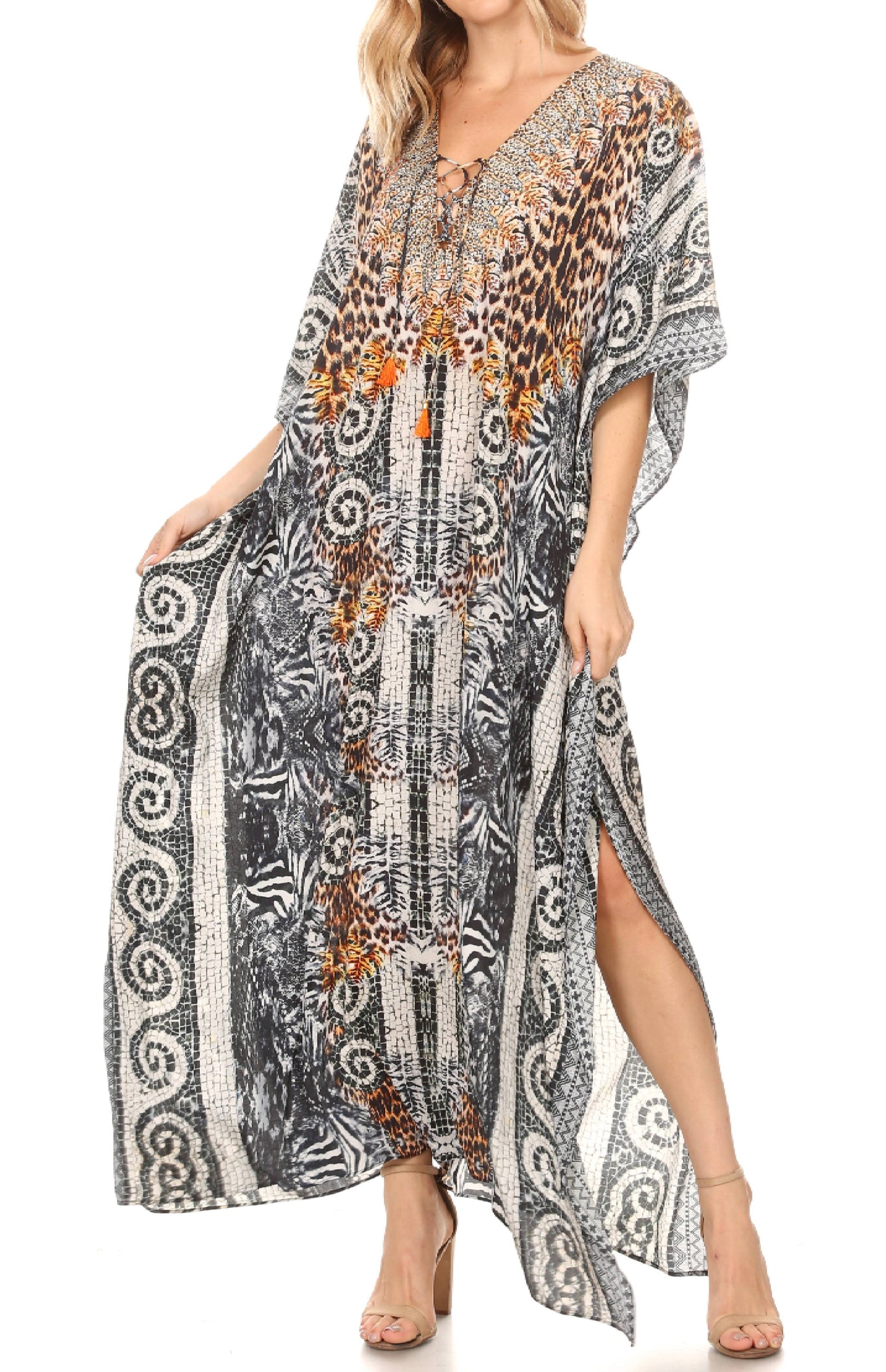 Sakkas Milanna Women's V neck Short Sleeve Vibrant Print Caftan Dress Cover-up - Concordia Style Boutique