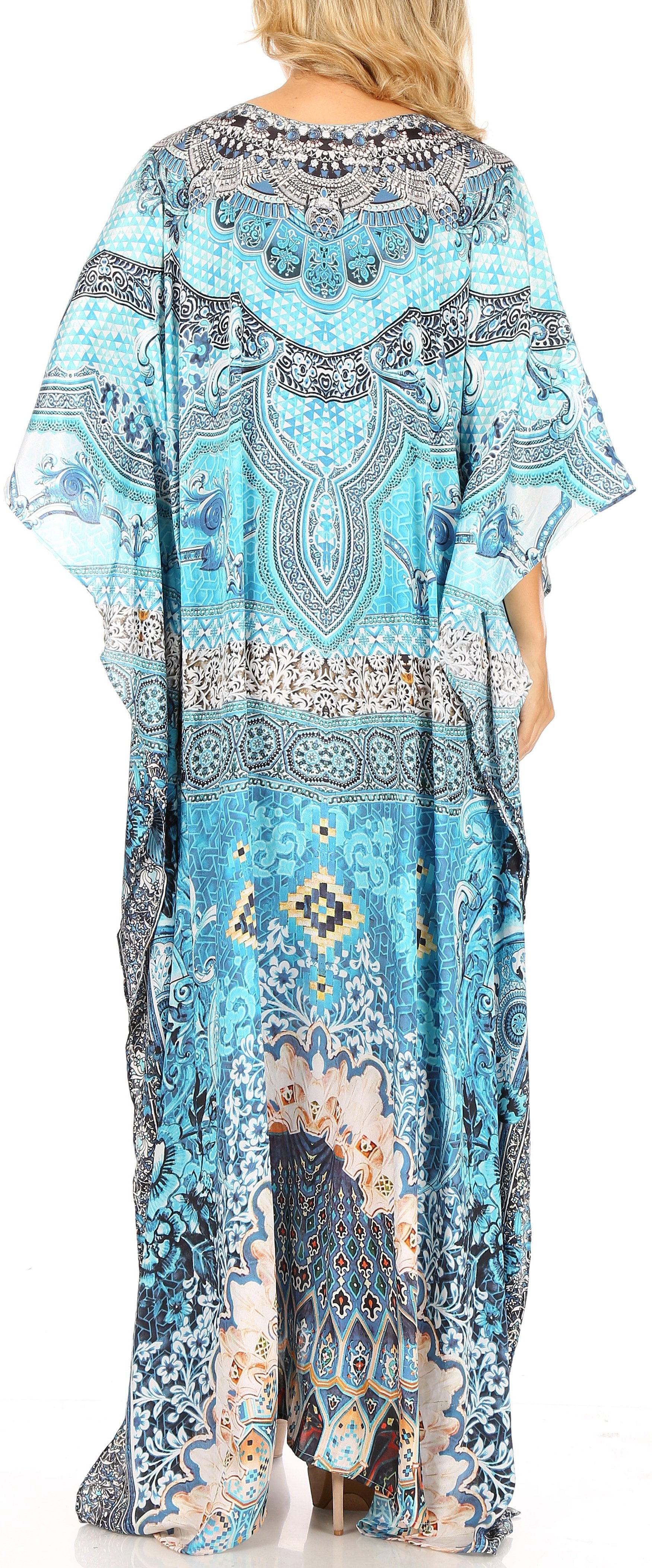 Sakkas Milanna Women's V neck Short Sleeve Vibrant Print Caftan Dress Cover-up - Concordia Style Boutique