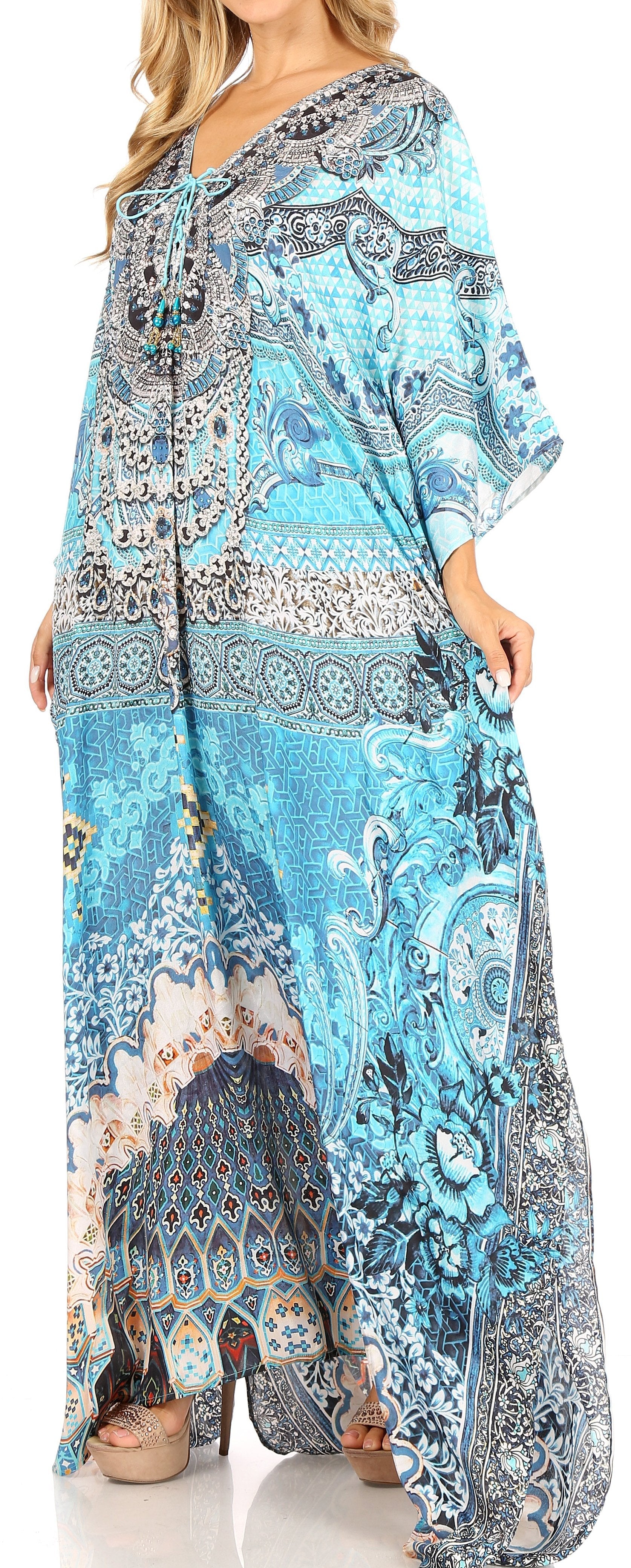 Sakkas Milanna Women's V neck Short Sleeve Vibrant Print Caftan Dress Cover-up - Concordia Style Boutique