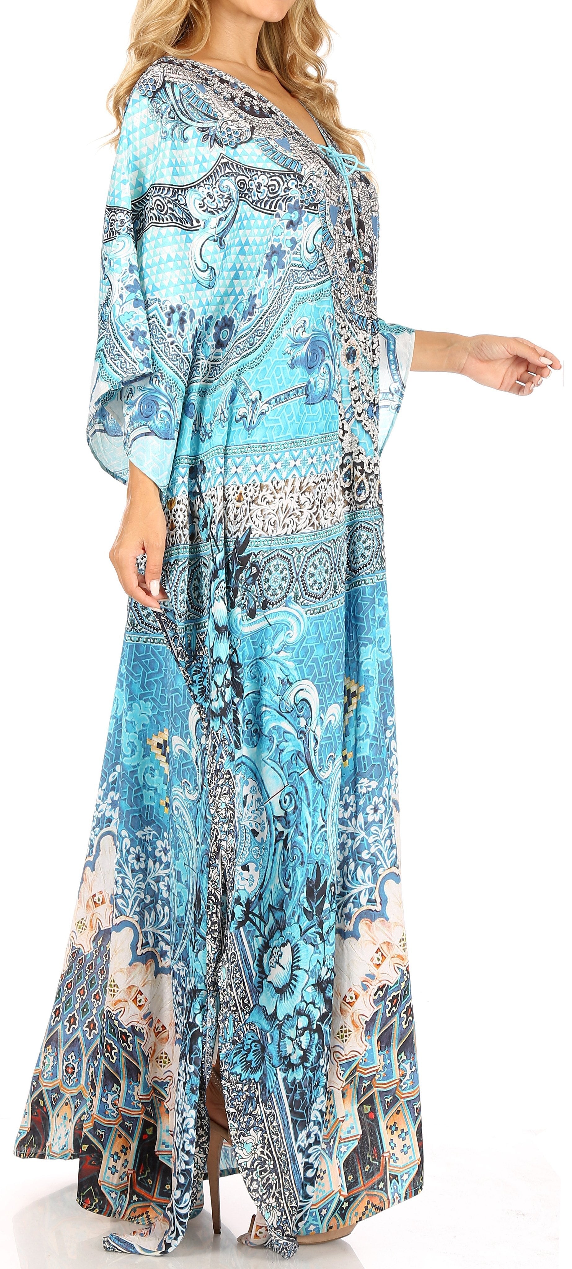 Sakkas Milanna Women's V neck Short Sleeve Vibrant Print Caftan Dress Cover-up - Concordia Style Boutique
