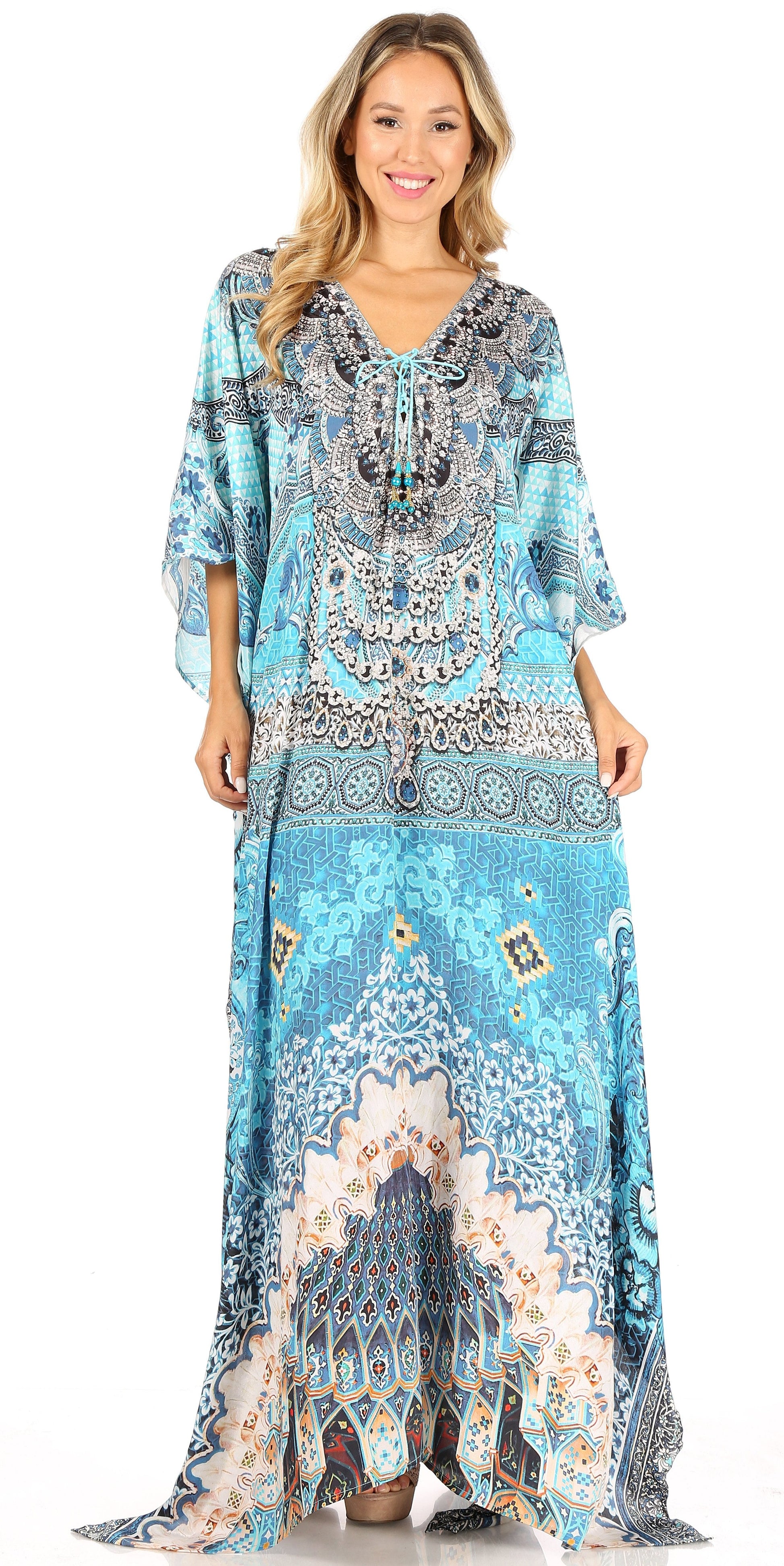 Sakkas Milanna Women's V neck Short Sleeve Vibrant Print Caftan Dress Cover-up - Concordia Style Boutique