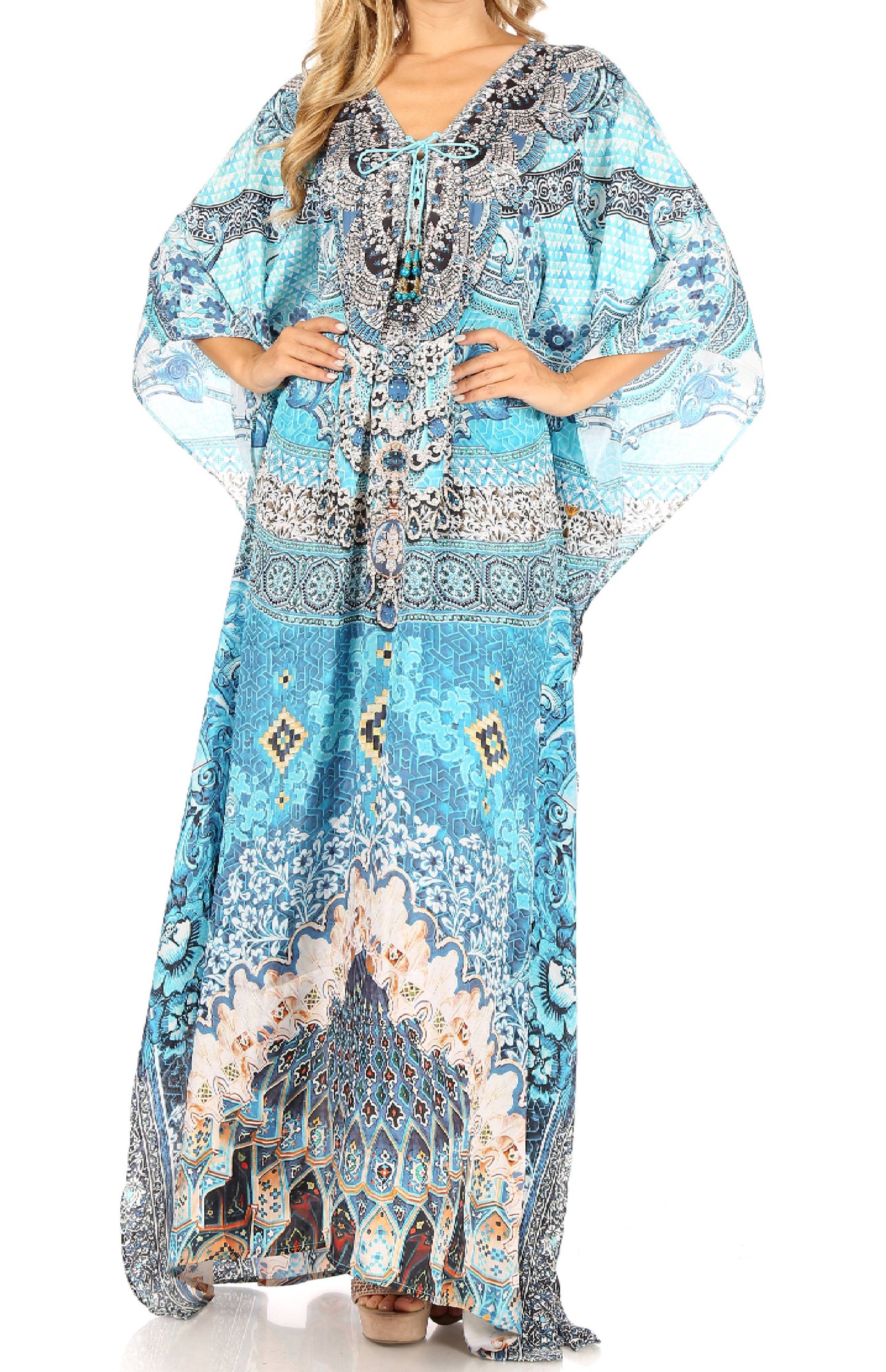 Sakkas Milanna Women's V neck Short Sleeve Vibrant Print Caftan Dress Cover-up - Concordia Style Boutique