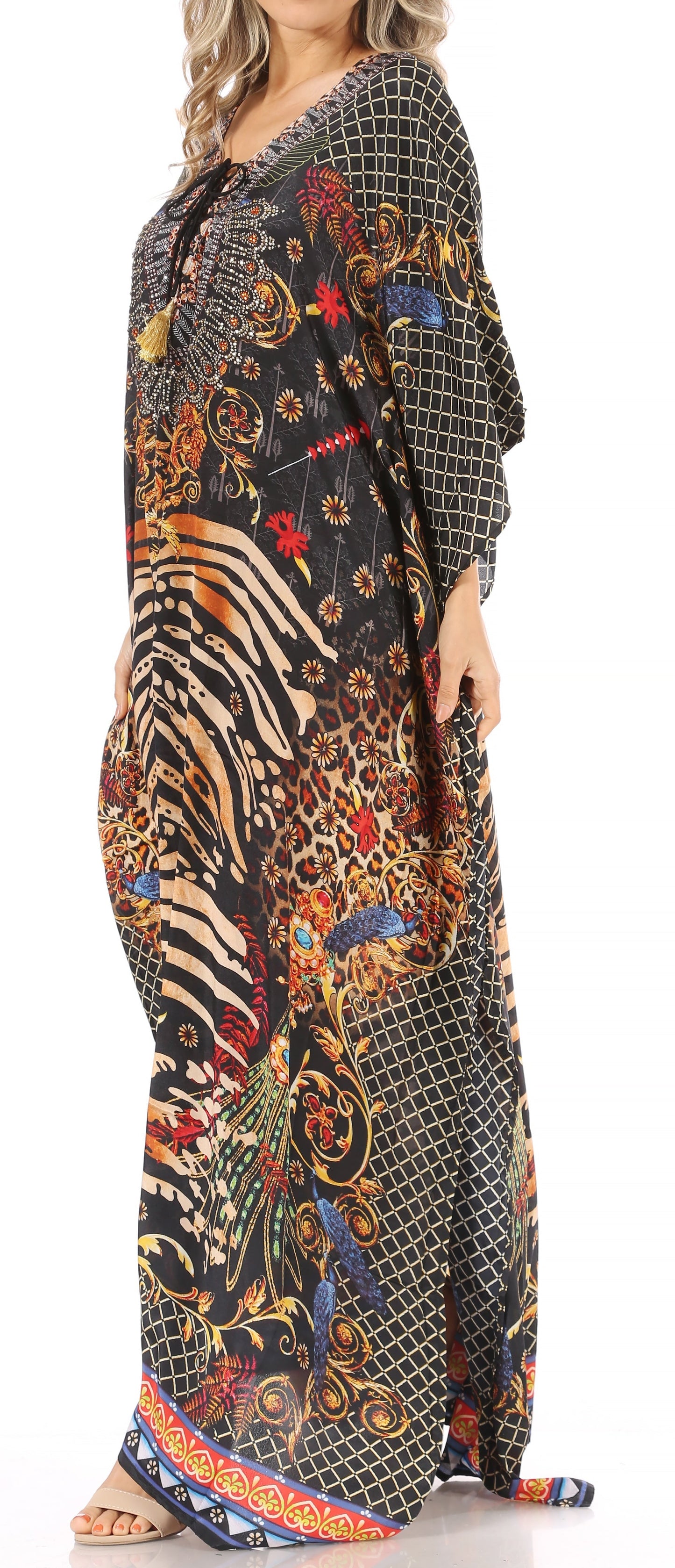 Sakkas Milanna Women's V neck Short Sleeve Vibrant Print Caftan Dress Cover-up - Concordia Style Boutique