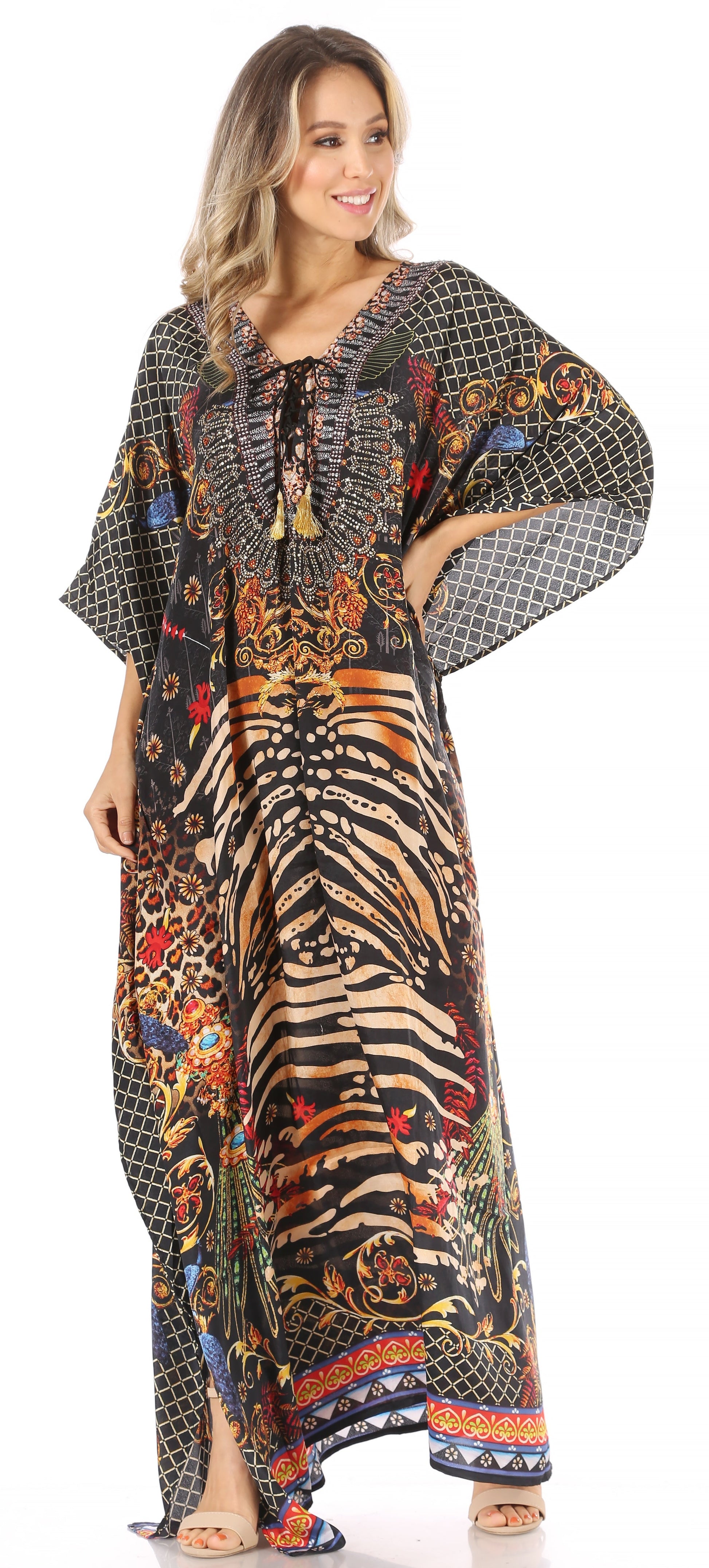 Sakkas Milanna Women's V neck Short Sleeve Vibrant Print Caftan Dress Cover-up - Concordia Style Boutique