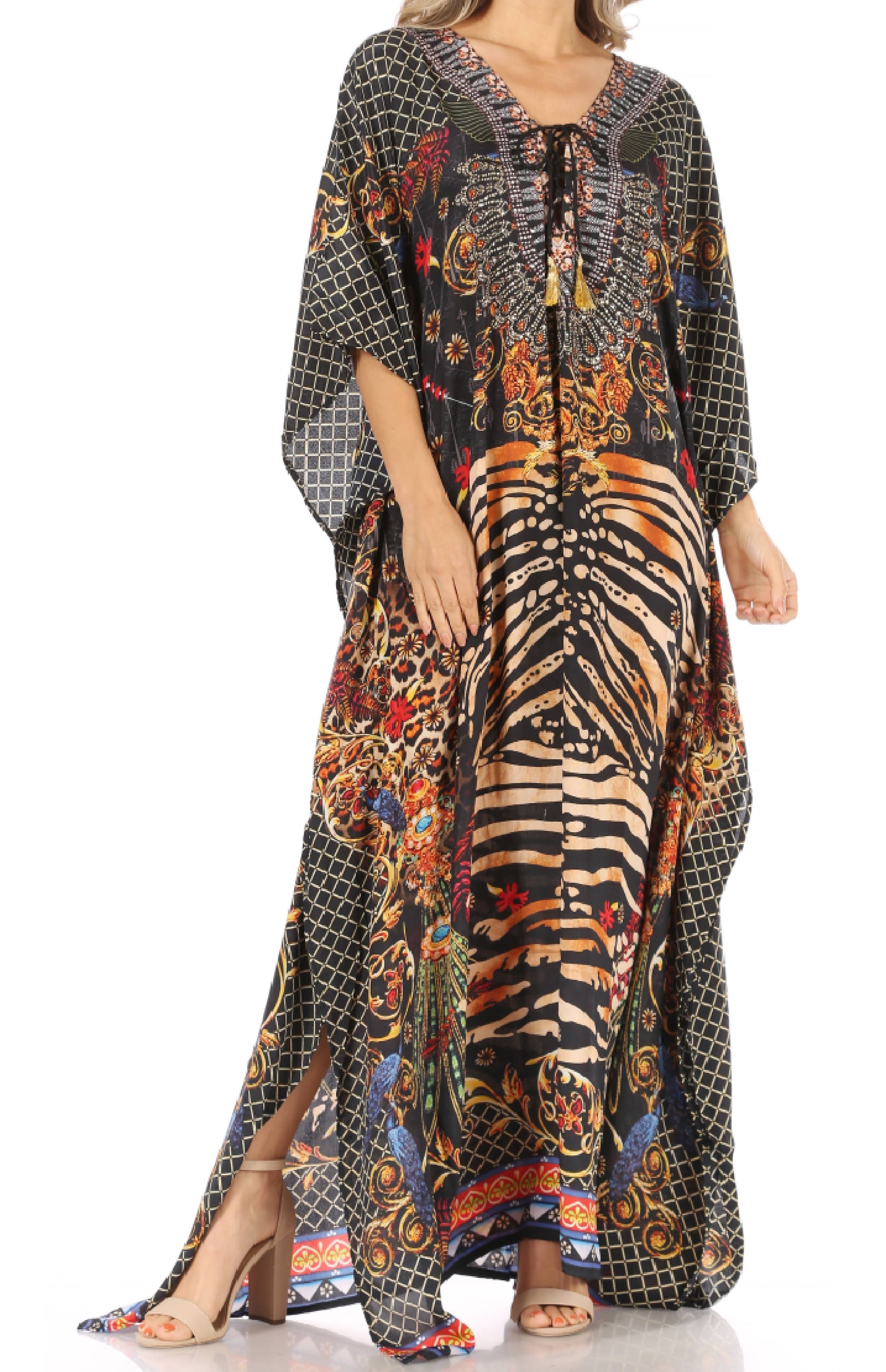 Sakkas Milanna Women's V neck Short Sleeve Vibrant Print Caftan Dress Cover-up - Concordia Style Boutique