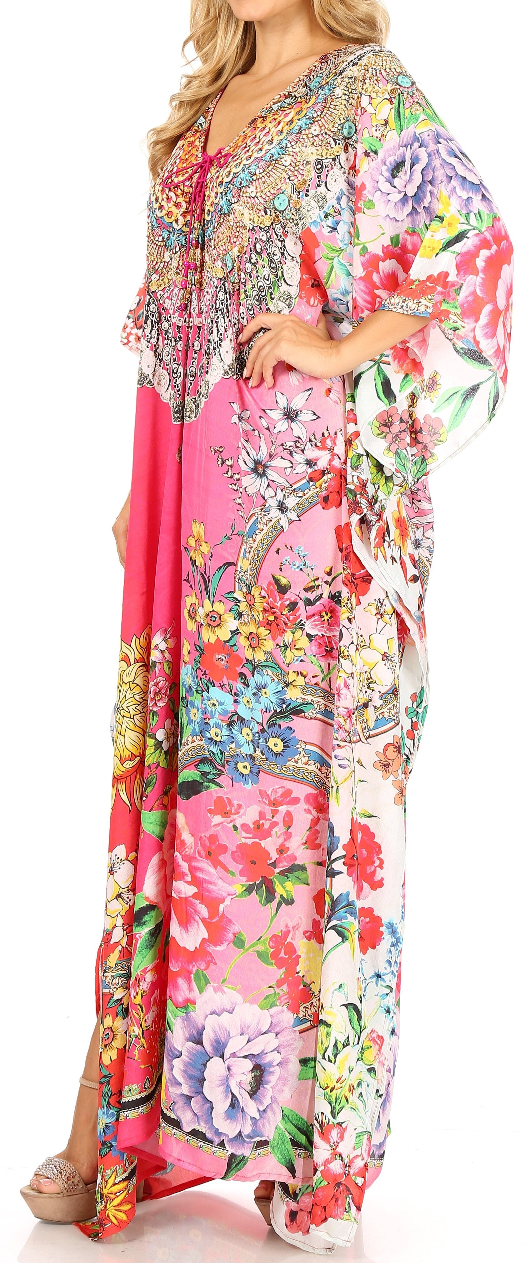Sakkas Milanna Women's V neck Short Sleeve Vibrant Print Caftan Dress Cover-up - Concordia Style Boutique