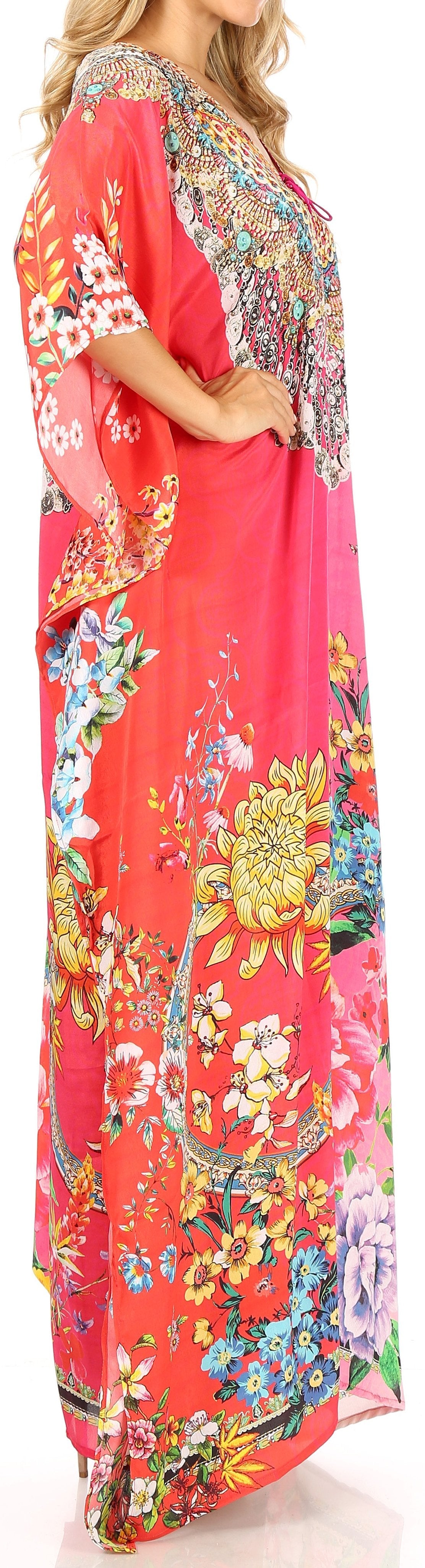 Sakkas Milanna Women's V neck Short Sleeve Vibrant Print Caftan Dress Cover-up - Concordia Style Boutique