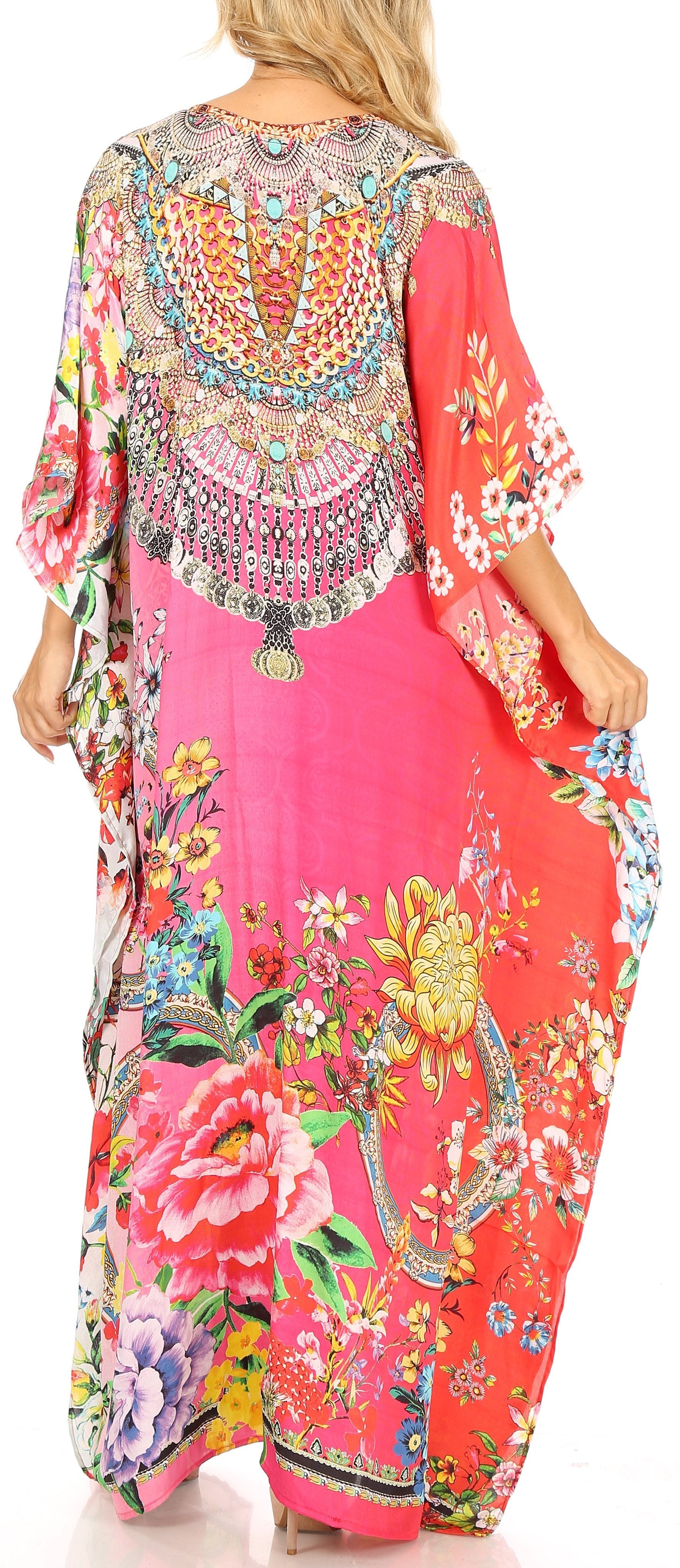 Sakkas Milanna Women's V neck Short Sleeve Vibrant Print Caftan Dress Cover-up - Concordia Style Boutique
