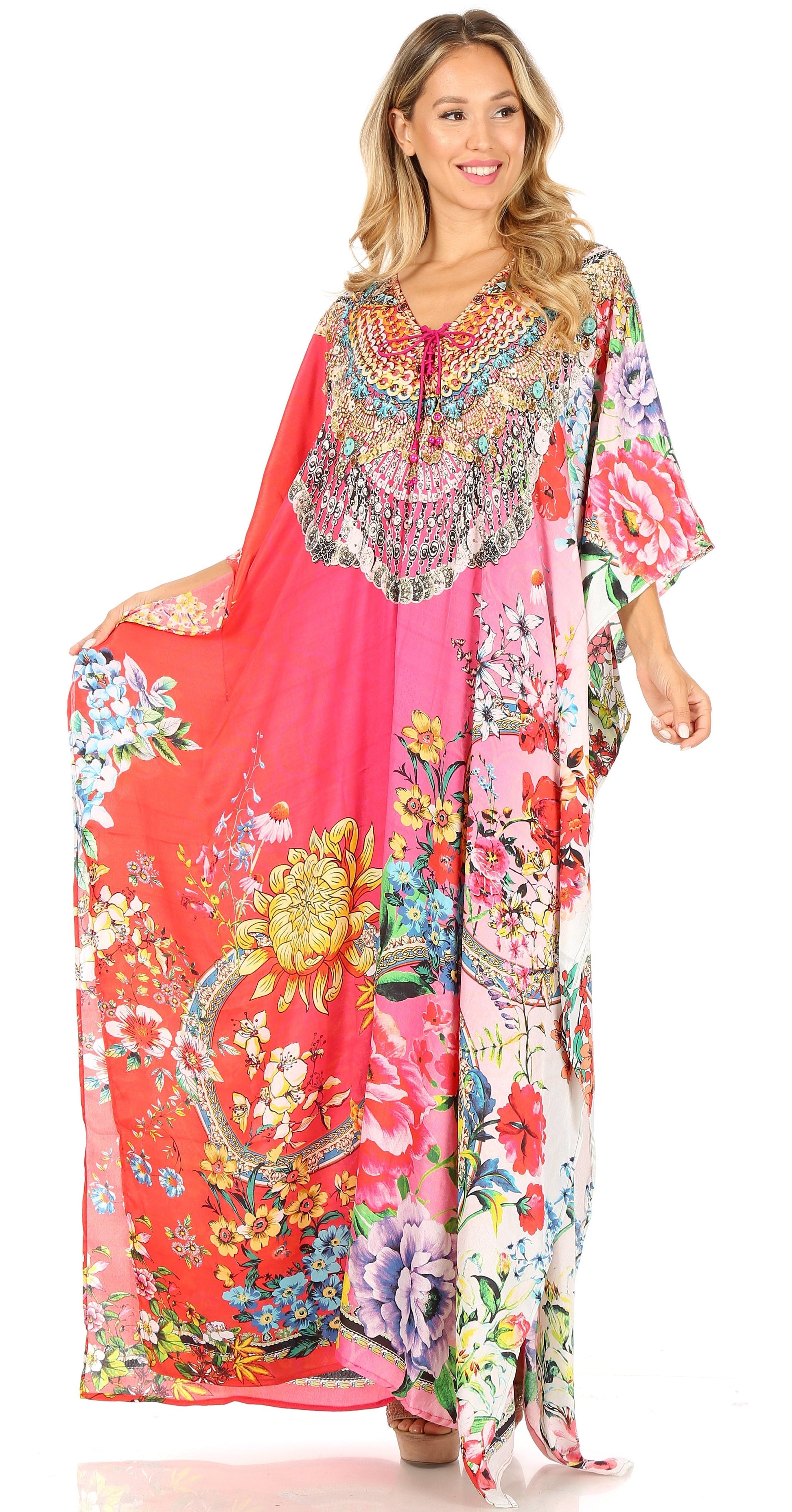 Sakkas Milanna Women's V neck Short Sleeve Vibrant Print Caftan Dress Cover-up - Concordia Style Boutique