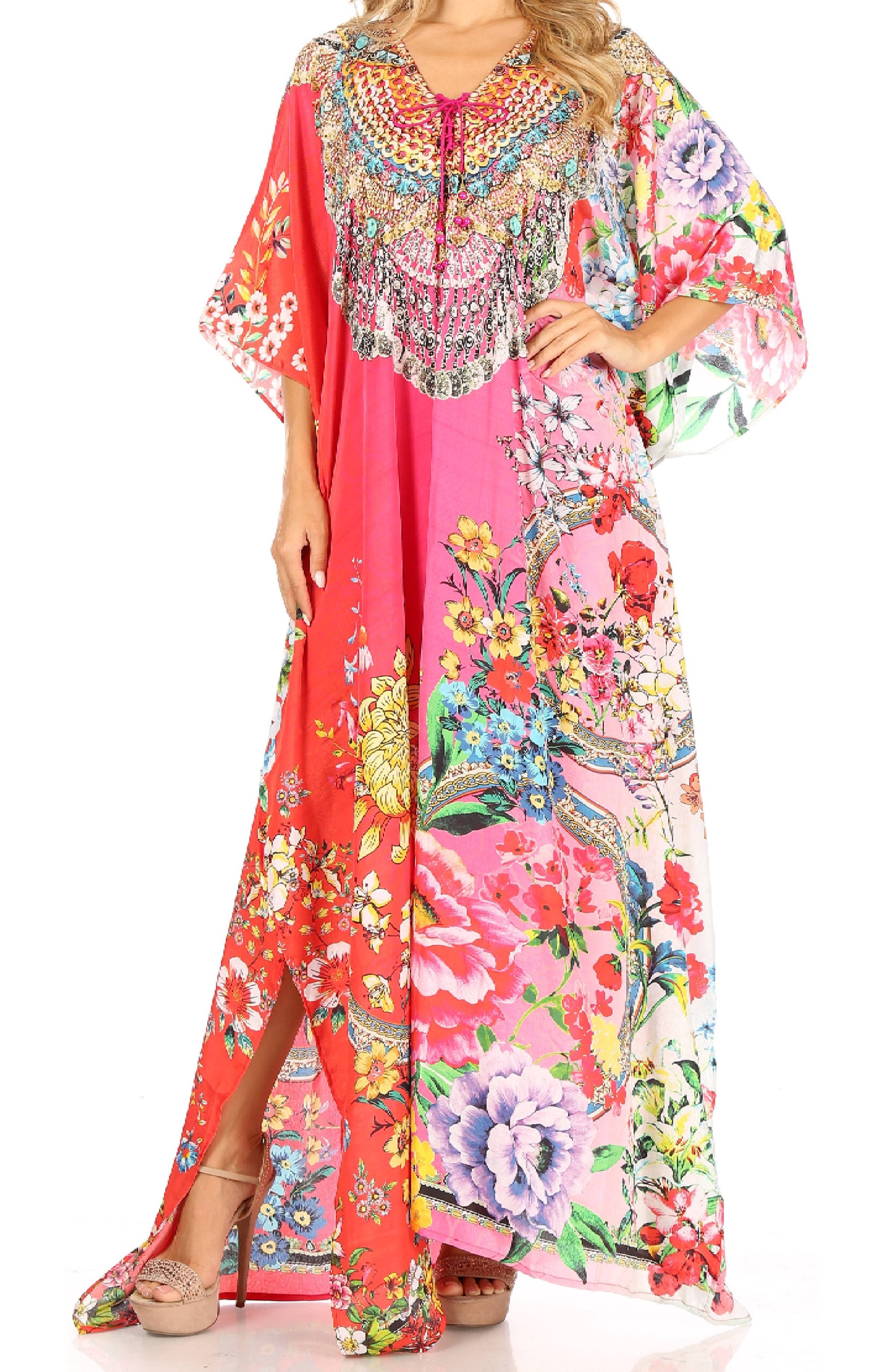Sakkas Milanna Women's V neck Short Sleeve Vibrant Print Caftan Dress Cover-up - Concordia Style Boutique