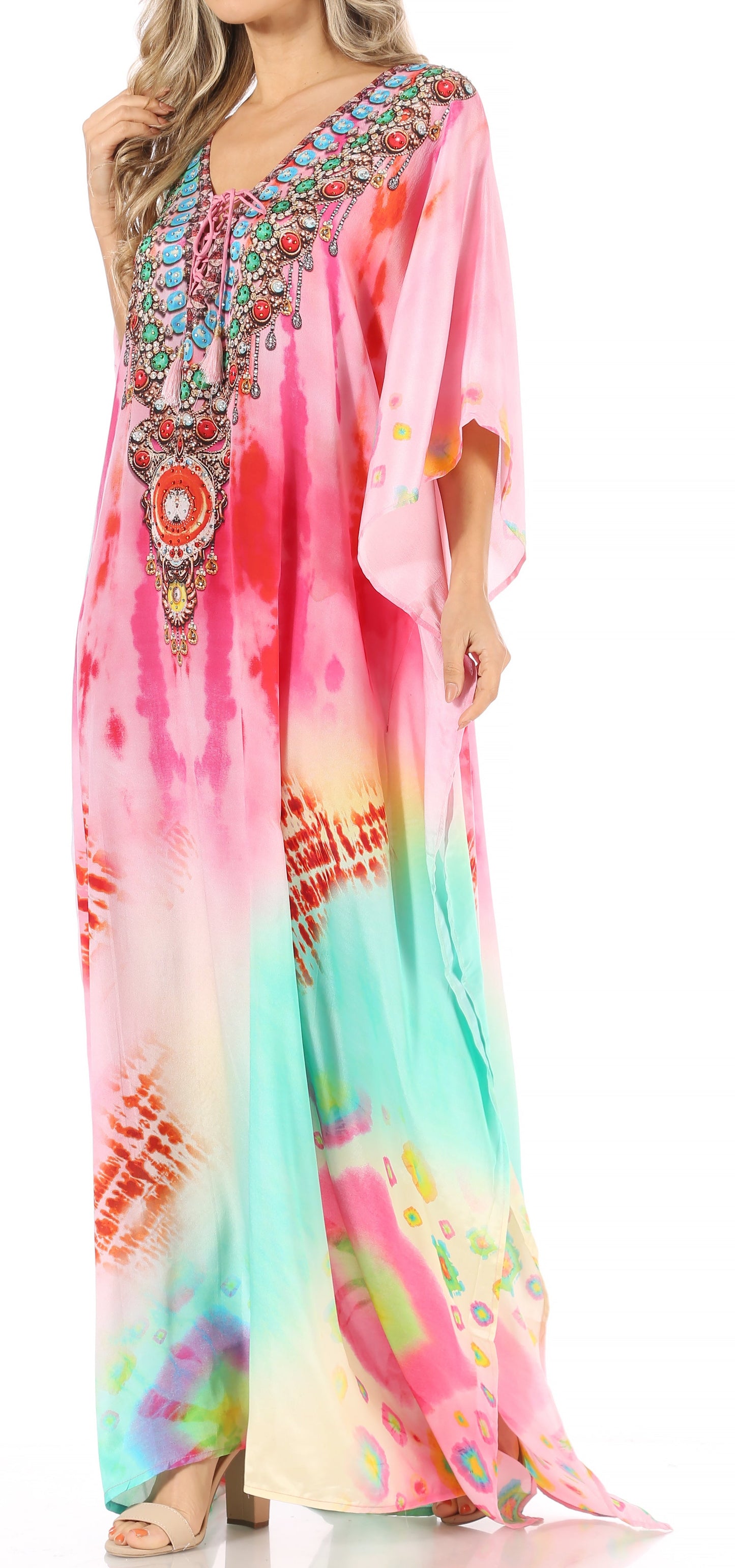 Sakkas Milanna Women's V neck Short Sleeve Vibrant Print Caftan Dress Cover-up - Concordia Style Boutique