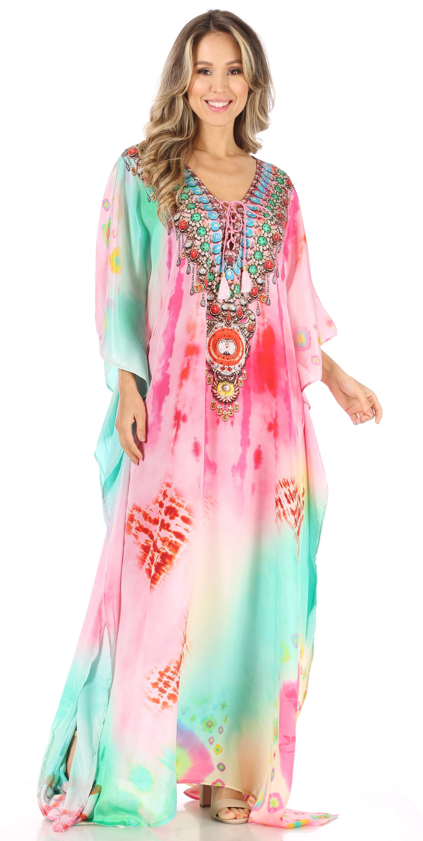 Sakkas Milanna Women's V neck Short Sleeve Vibrant Print Caftan Dress Cover-up - Concordia Style Boutique