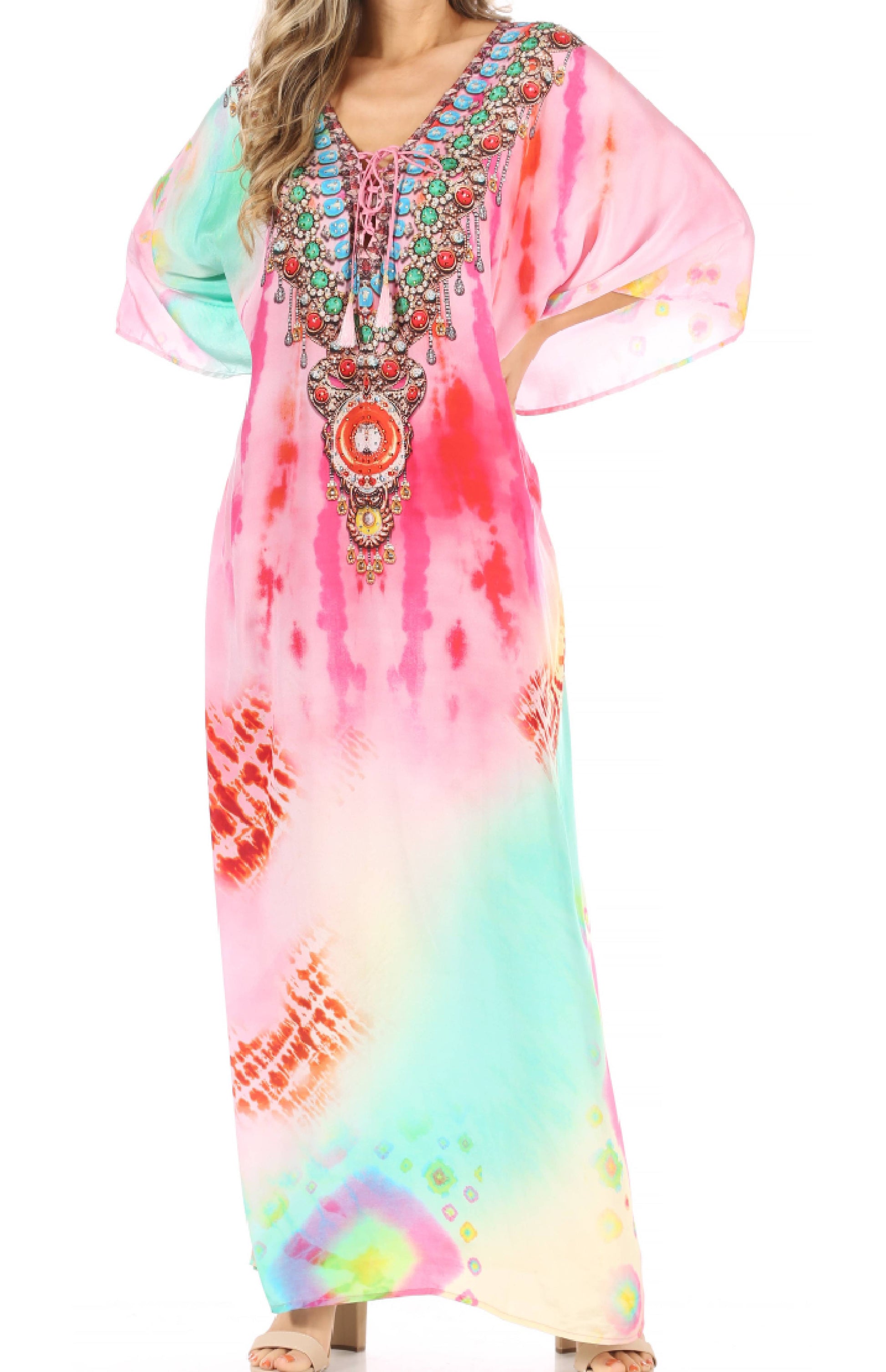 Sakkas Milanna Women's V neck Short Sleeve Vibrant Print Caftan Dress Cover-up - Concordia Style Boutique