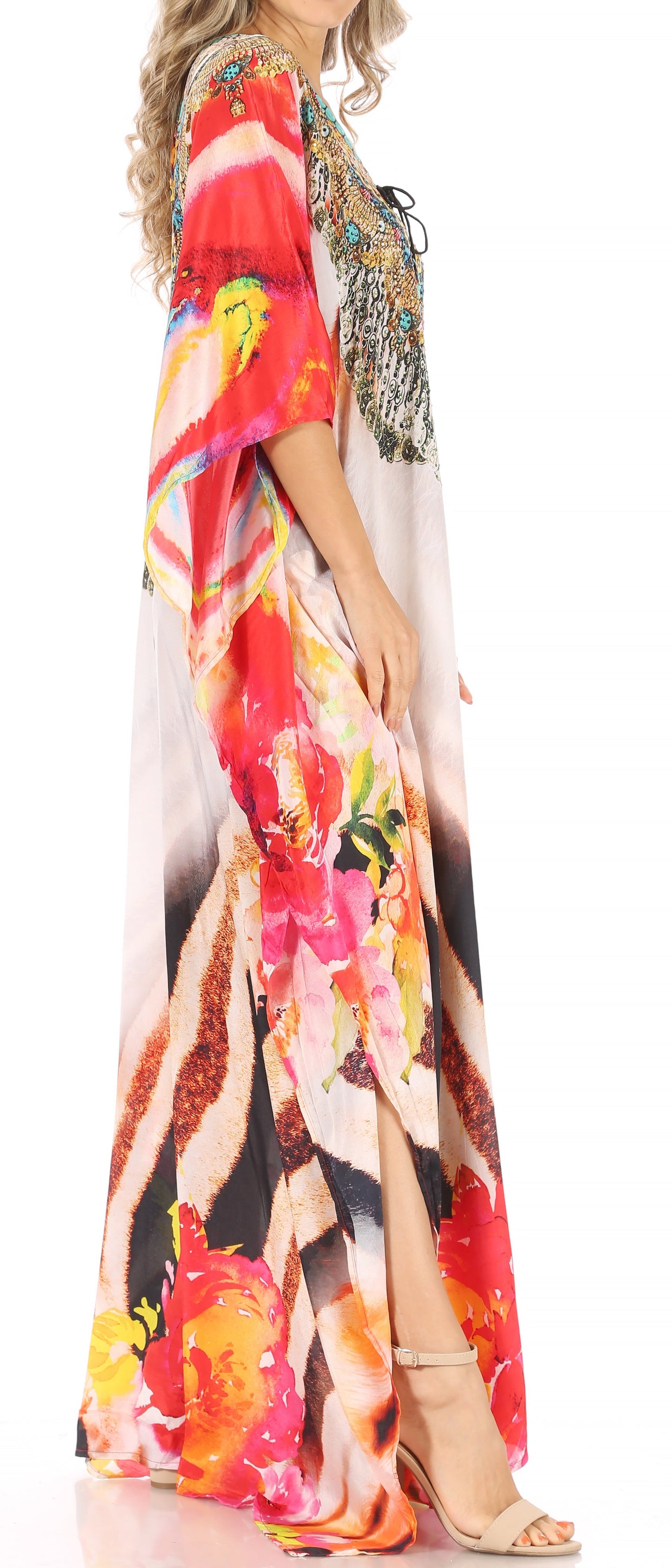 Sakkas Milanna Women's V neck Short Sleeve Vibrant Print Caftan Dress Cover-up - Concordia Style Boutique