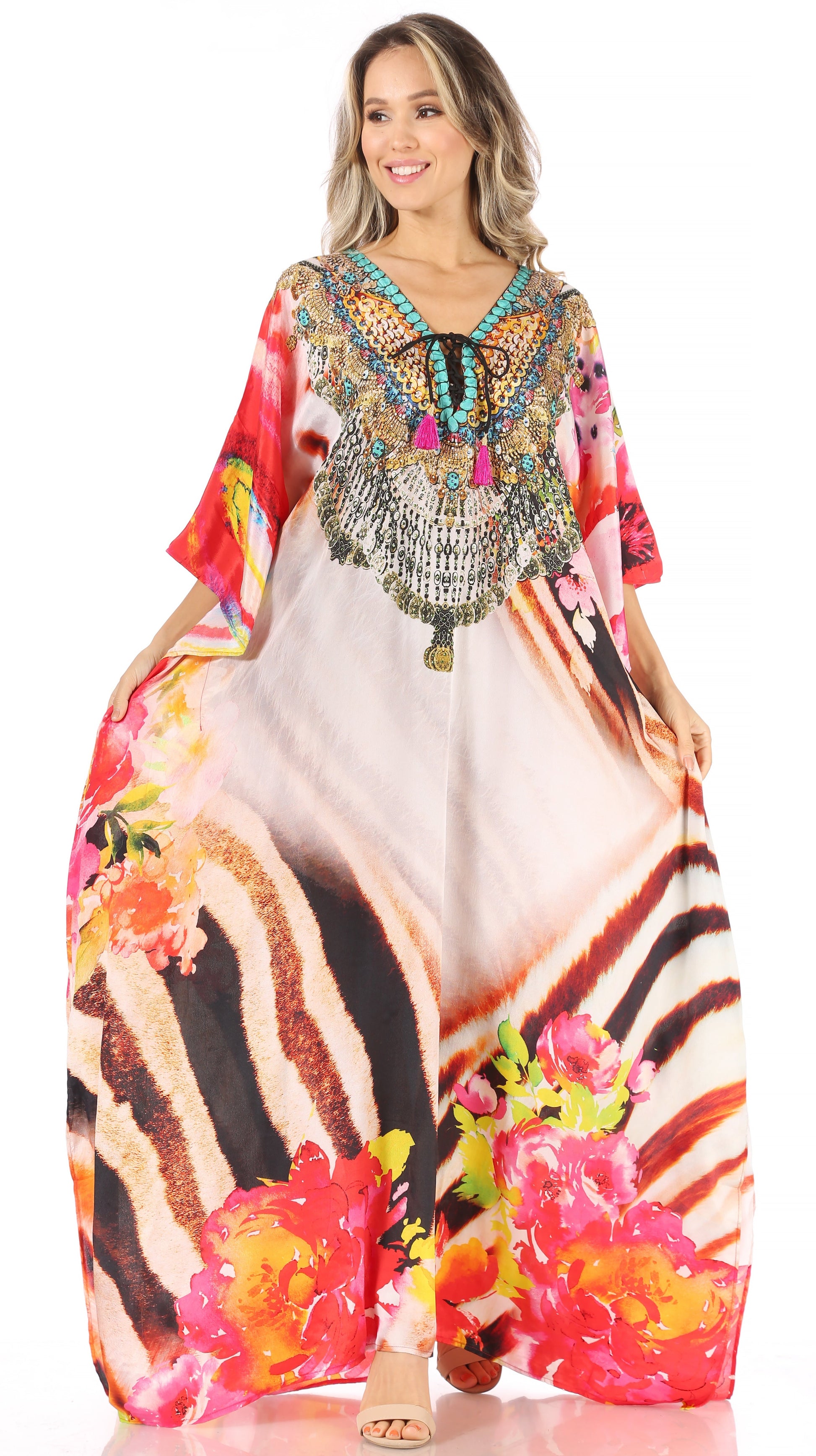 Sakkas Milanna Women's V neck Short Sleeve Vibrant Print Caftan Dress Cover-up - Concordia Style Boutique