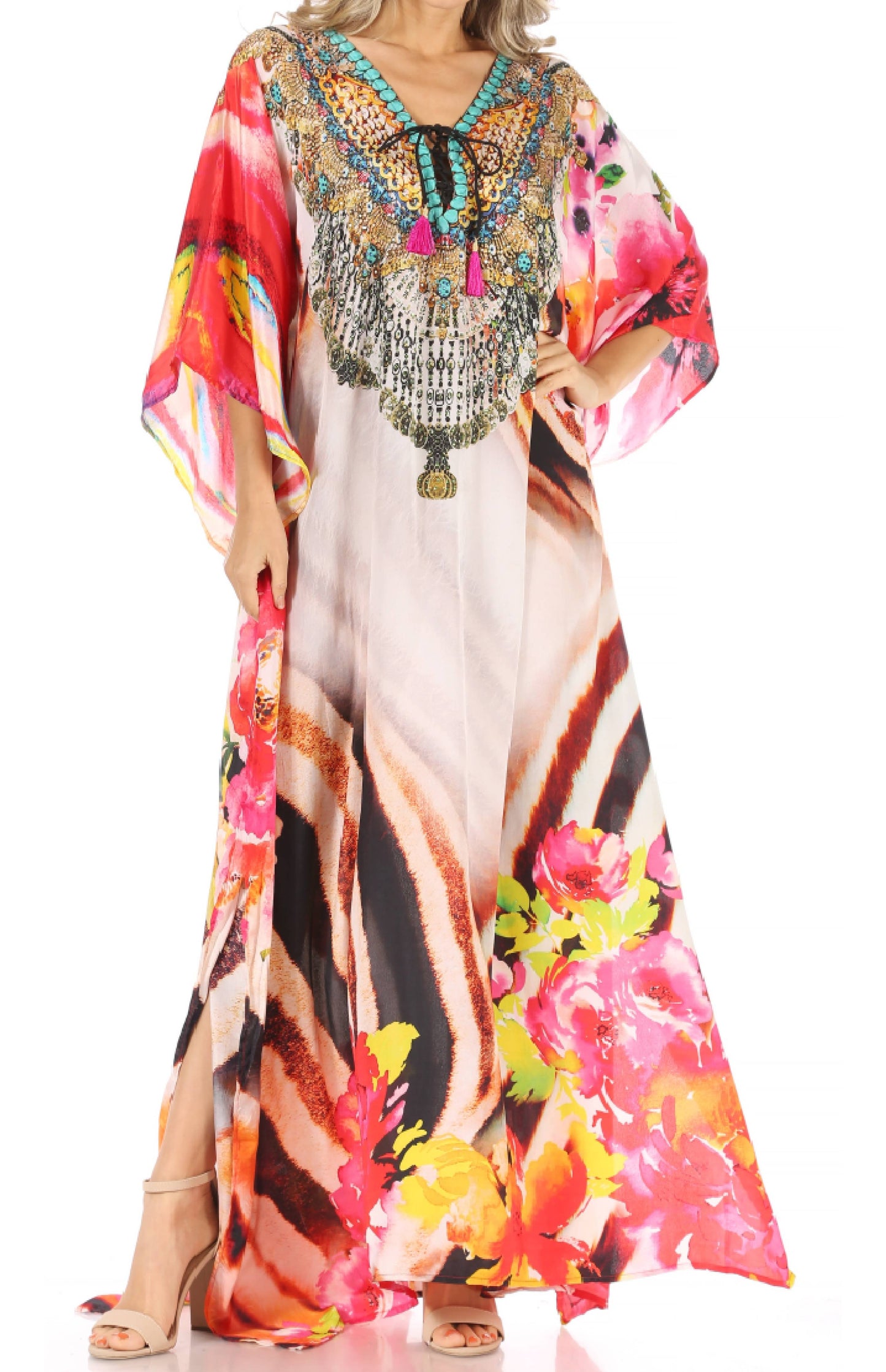 Sakkas Milanna Women's V neck Short Sleeve Vibrant Print Caftan Dress Cover-up - Concordia Style Boutique