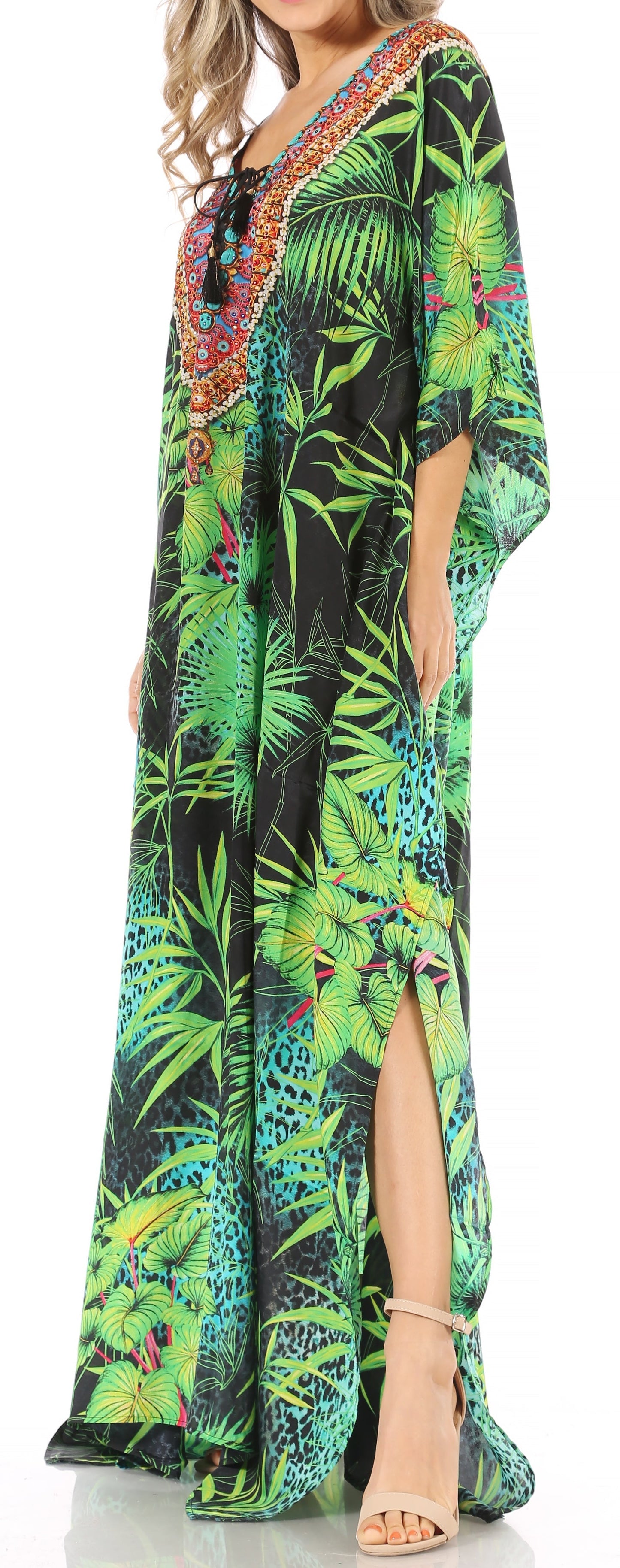 Sakkas Milanna Women's V neck Short Sleeve Vibrant Print Caftan Dress Cover-up - Concordia Style Boutique